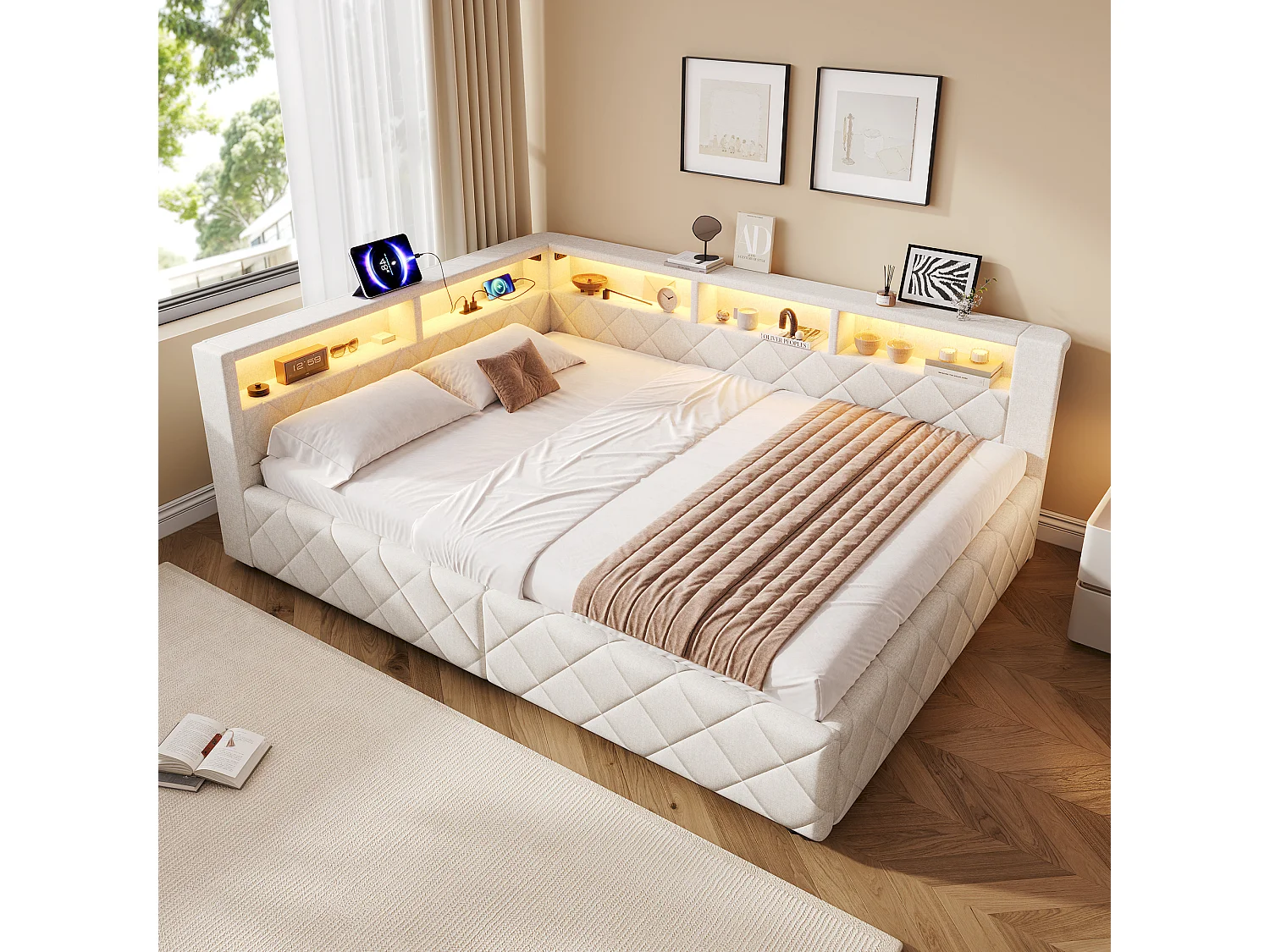 Bedbank met opbergruimte 140 x 200 cm - met LED-verlichting - met USB-poort - linnenstof - Beige (matras niet inbegrepen)