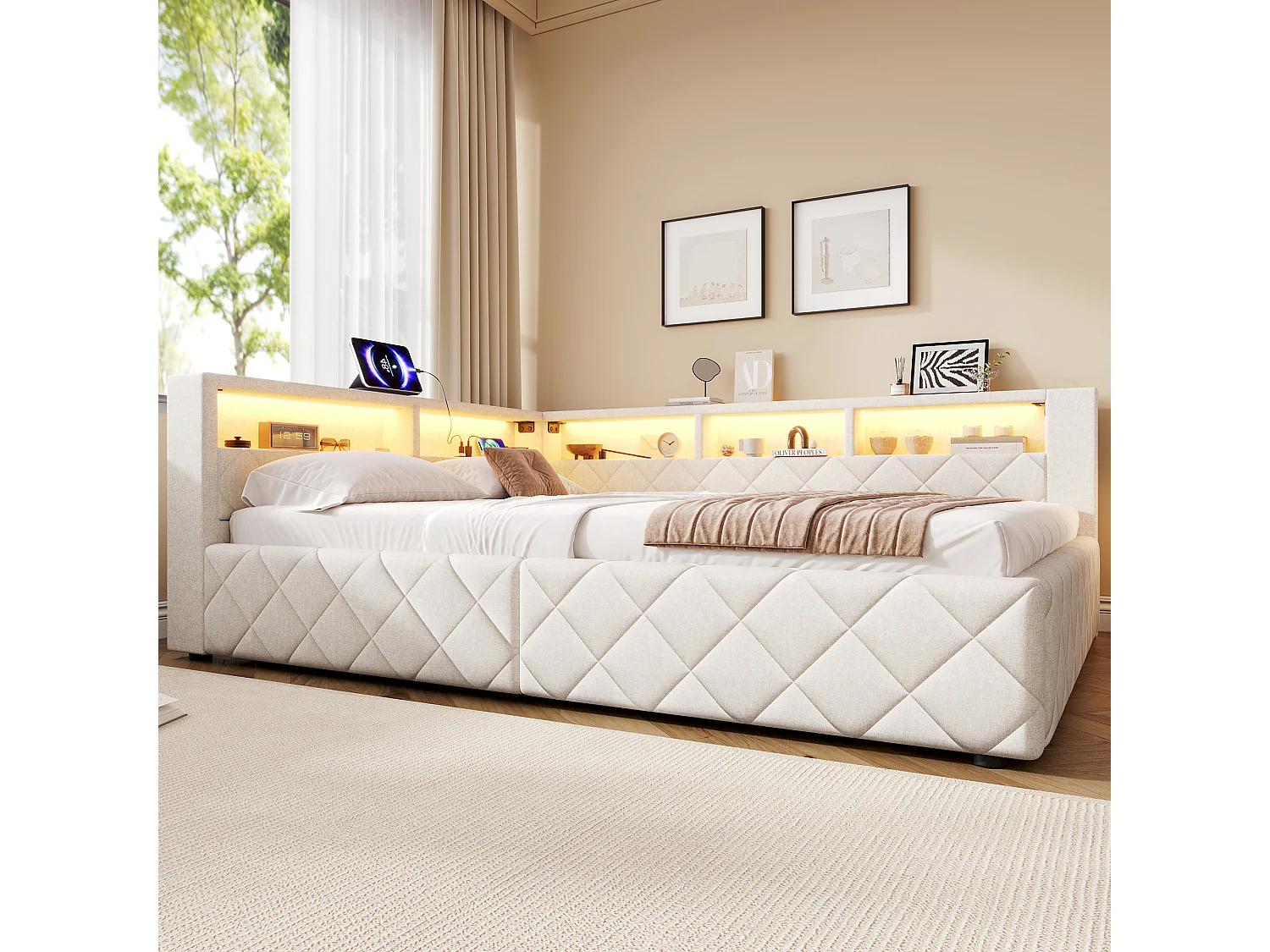 Bedbank met opbergruimte 140 x 200 cm - met LED-verlichting - met USB-poort - linnenstof - Beige (matras niet inbegrepen)