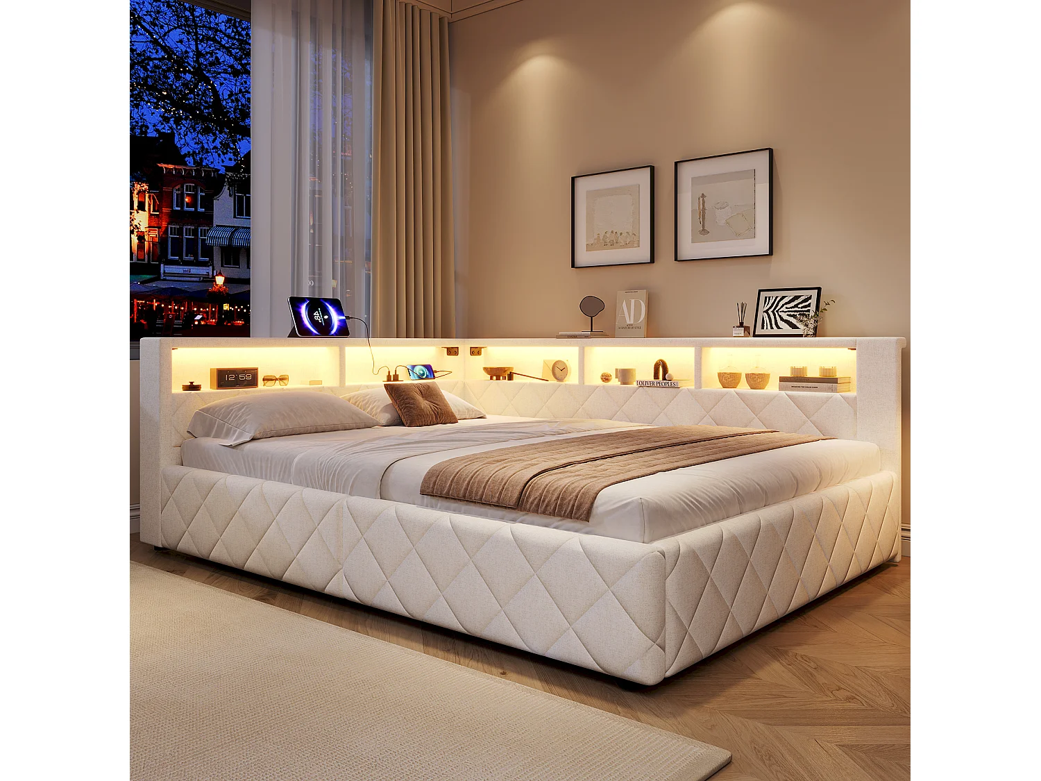 Bedbank met opbergruimte 140 x 200 cm - met LED-verlichting - met USB-poort - linnenstof - Beige (matras niet inbegrepen)