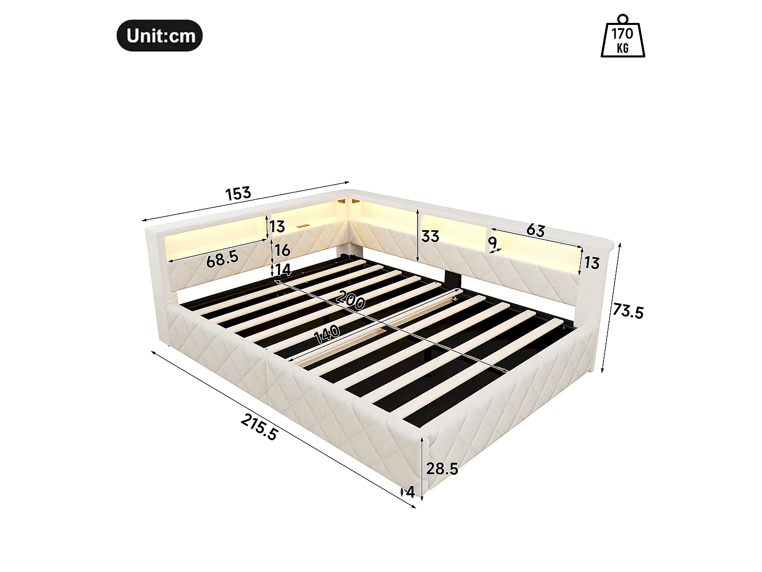 Bedbank met opbergruimte 140 x 200 cm - met LED-verlichting - met USB-poort - linnenstof - Beige (matras niet inbegrepen)