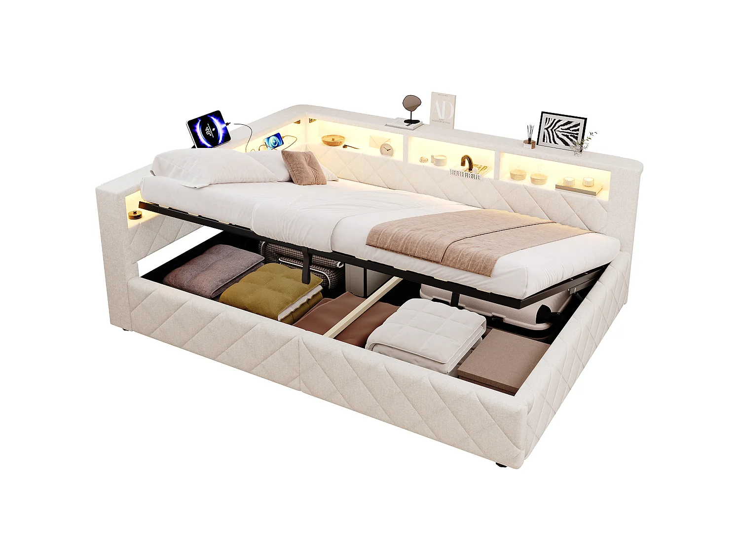 Bedbank met opbergruimte 140 x 200 cm - met LED-verlichting - met USB-poort - linnenstof - Beige (matras niet inbegrepen)