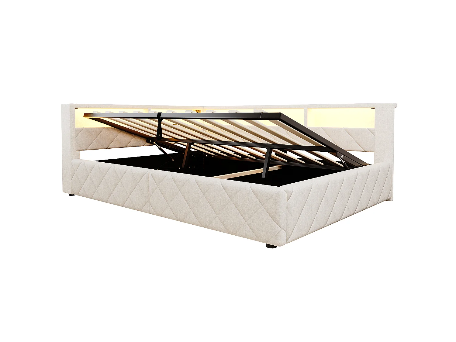 Bedbank met opbergruimte 140 x 200 cm - met LED-verlichting - met USB-poort - linnenstof - Beige (matras niet inbegrepen)