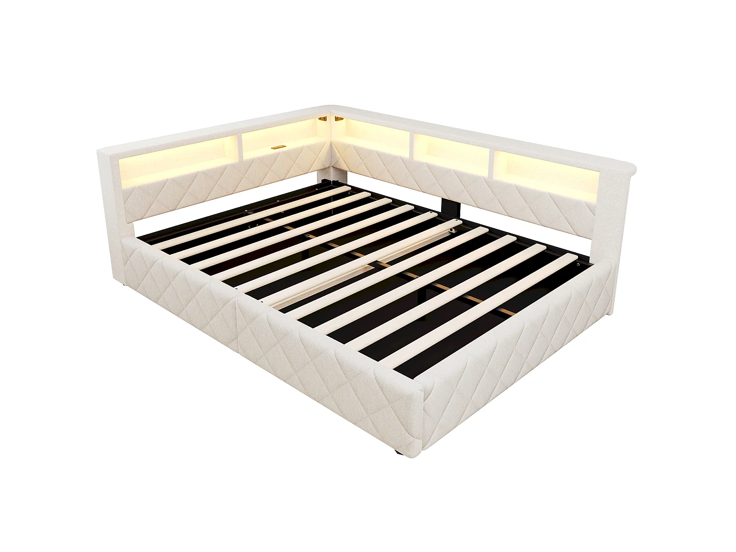 Bedbank met opbergruimte 140 x 200 cm - met LED-verlichting - met USB-poort - linnenstof - Beige (matras niet inbegrepen)