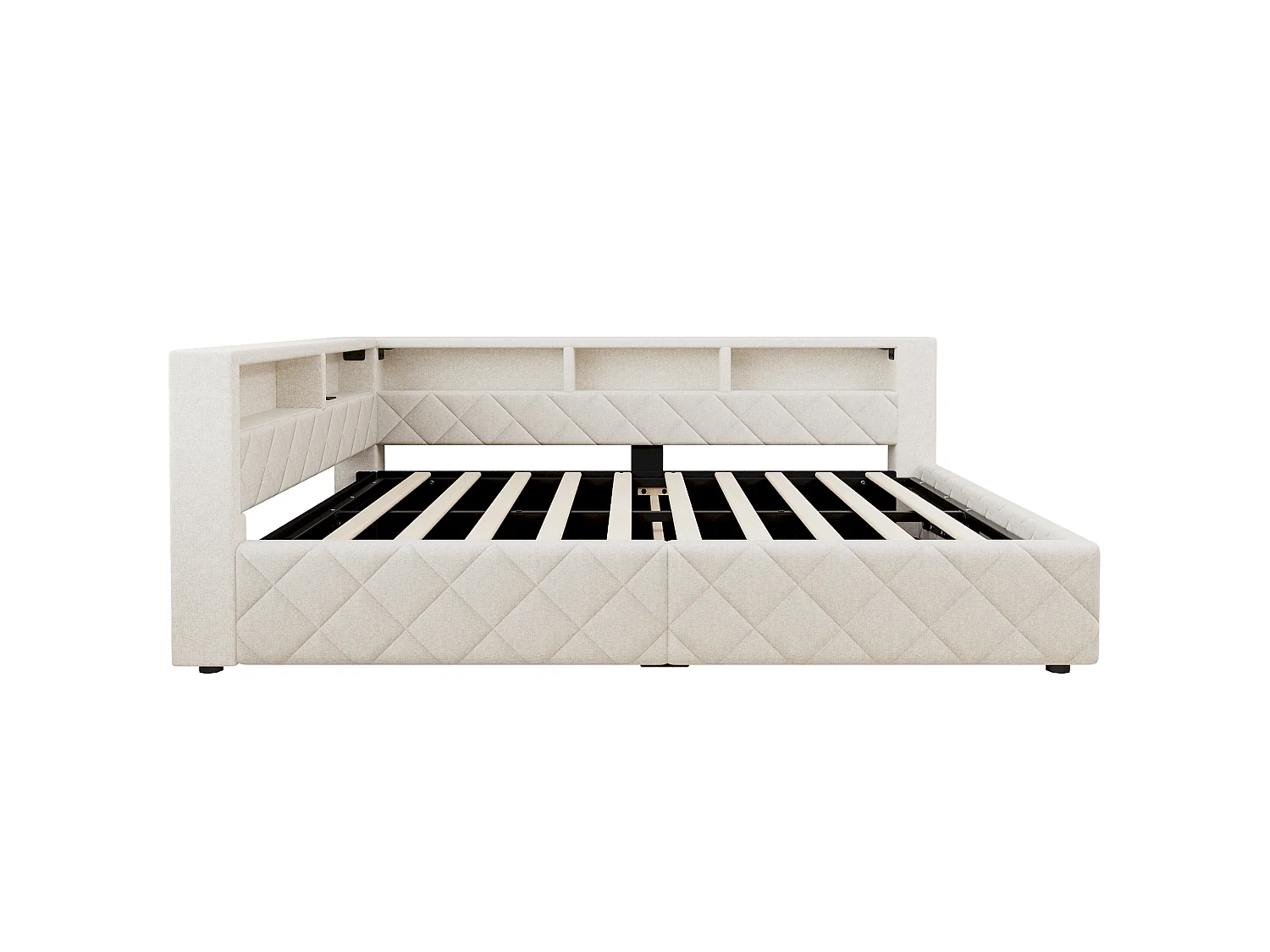 Bedbank met opbergruimte 140 x 200 cm - met LED-verlichting - met USB-poort - linnenstof - Beige (matras niet inbegrepen)