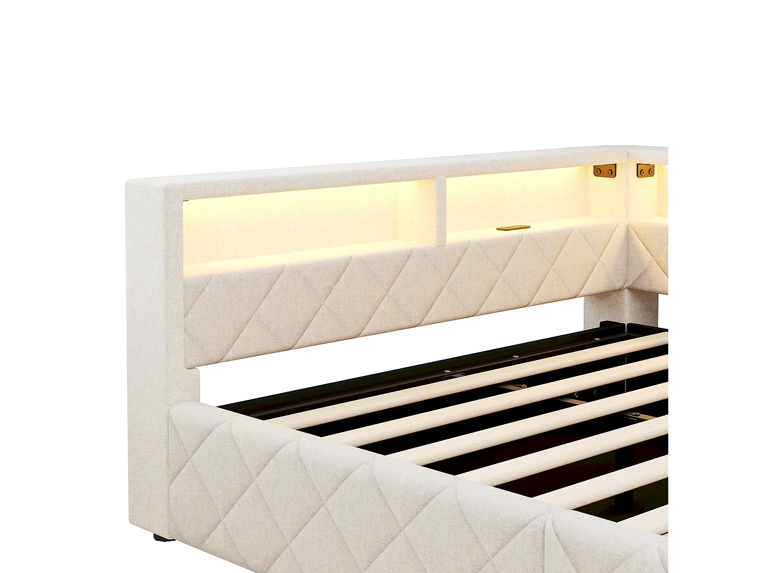 Bedbank met opbergruimte 140 x 200 cm - met LED-verlichting - met USB-poort - linnenstof - Beige (matras niet inbegrepen)