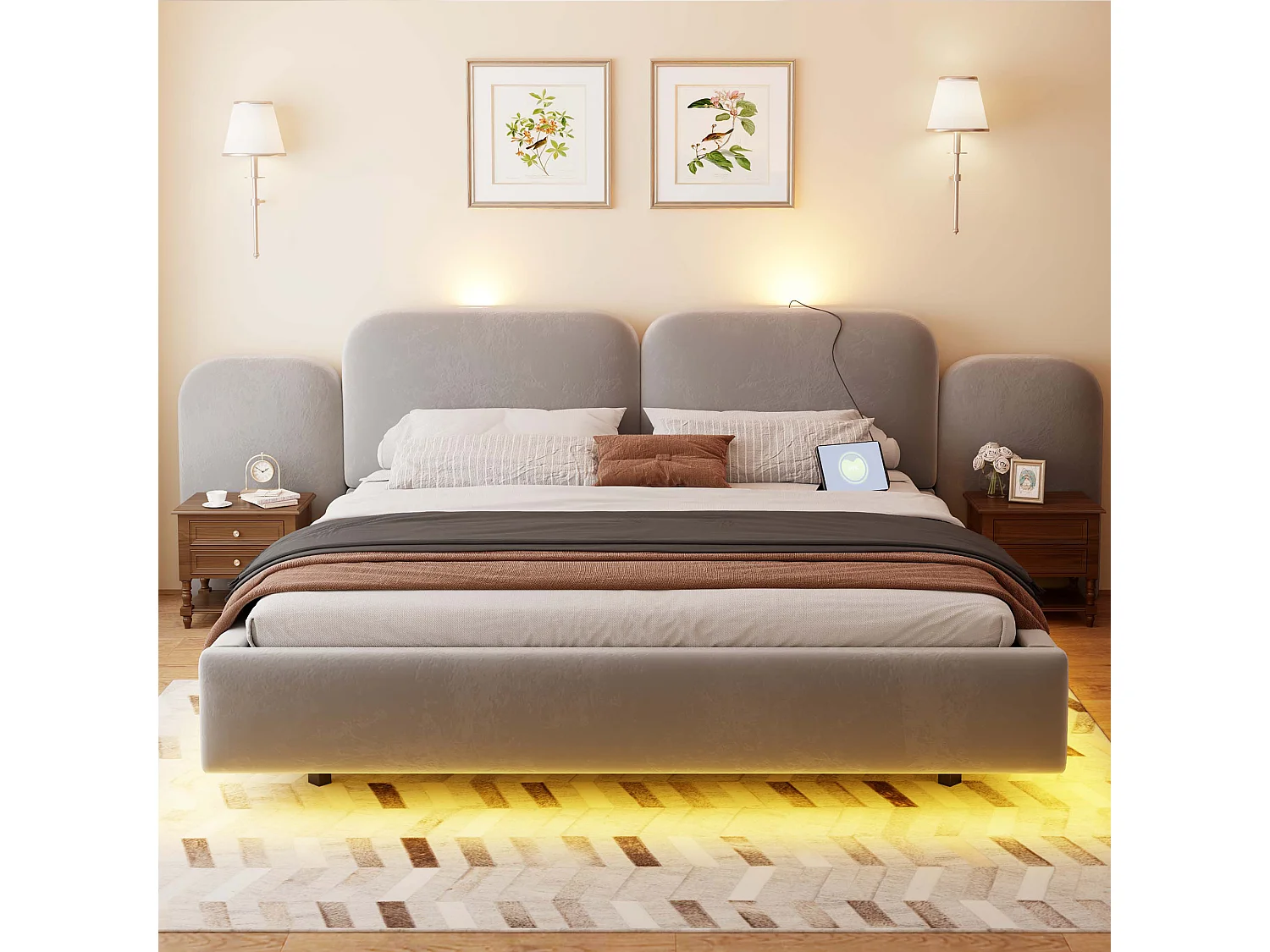 Bed met gestoffeerde opbergruimte 180x200cm - met LED-verlichting - met oplaadpoort - Fluweelstof - Grijs (Matras niet inbegrepen)