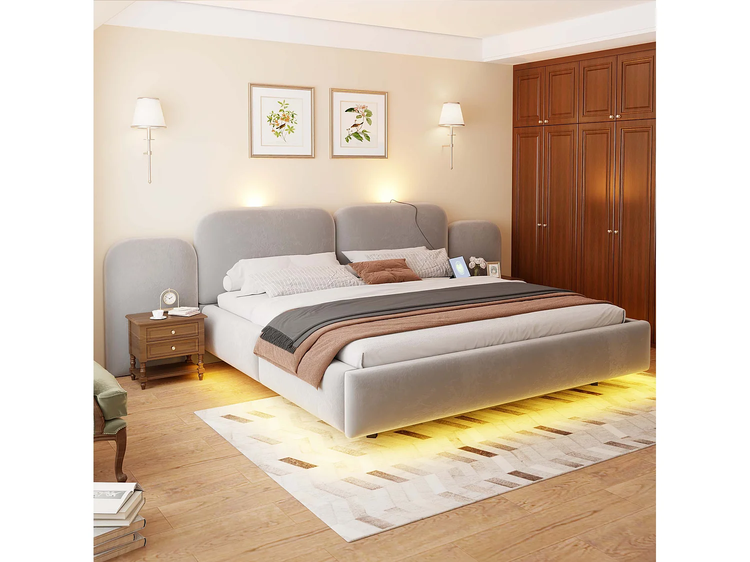 Bed met gestoffeerde opbergruimte 180x200cm - met LED-verlichting - met oplaadpoort - Fluweelstof - Grijs (Matras niet inbegrepen)