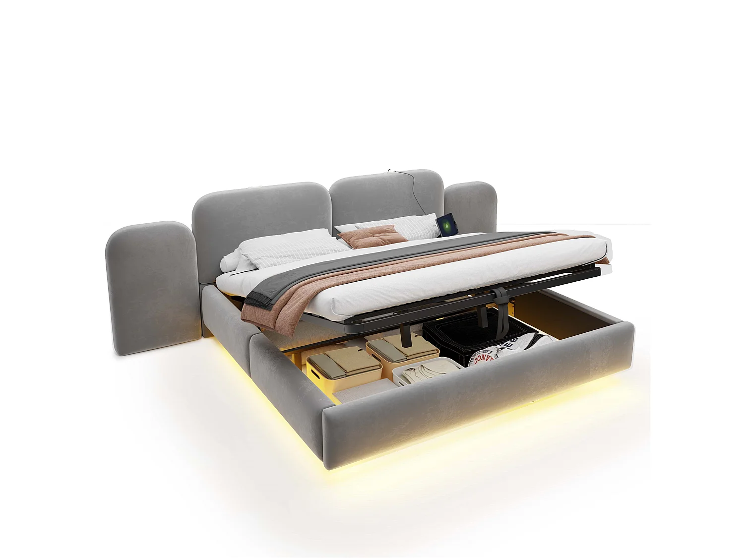 Bed met gestoffeerde opbergruimte 180x200cm - met LED-verlichting - met oplaadpoort - Fluweelstof - Grijs (Matras niet inbegrepen)