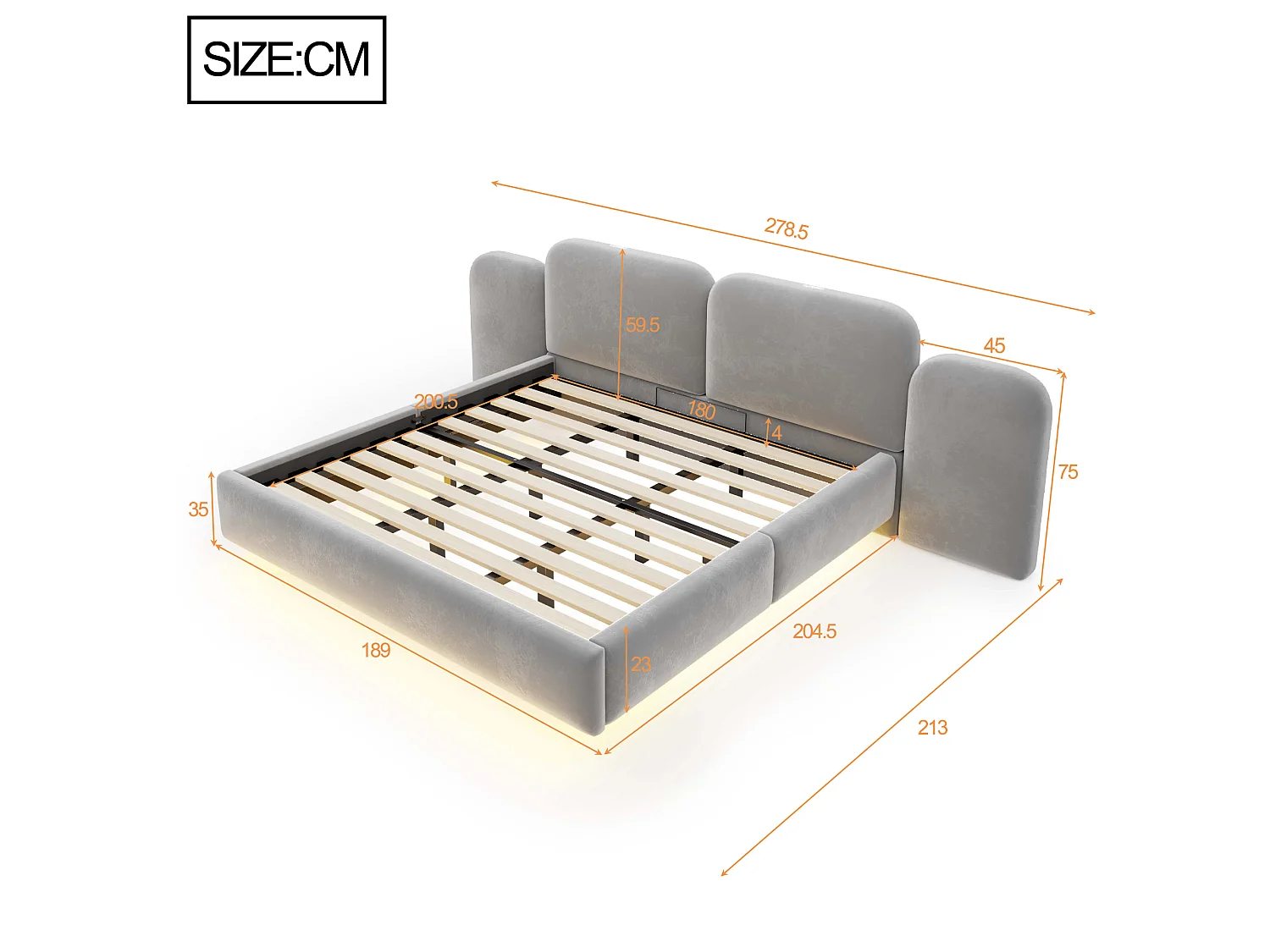 Bed met gestoffeerde opbergruimte 180x200cm - met LED-verlichting - met oplaadpoort - Fluweelstof - Grijs (Matras niet inbegrepen)