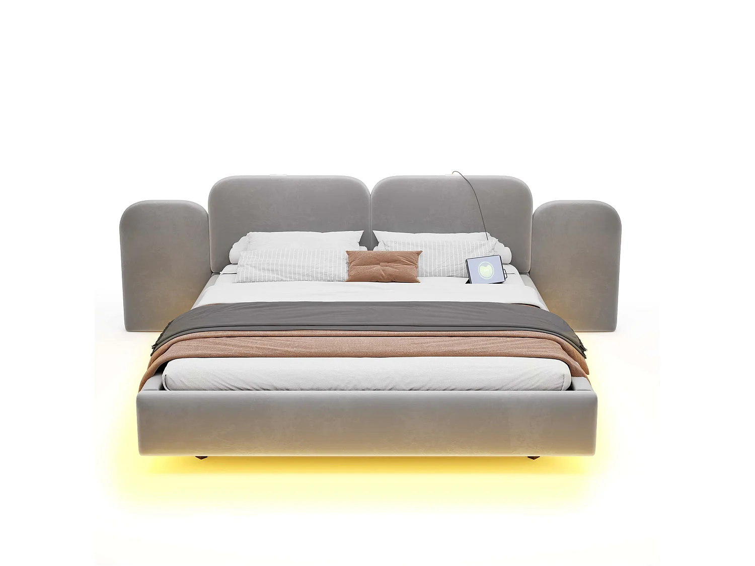 Bed met gestoffeerde opbergruimte 180x200cm - met LED-verlichting - met oplaadpoort - Fluweelstof - Grijs (Matras niet inbegrepen)