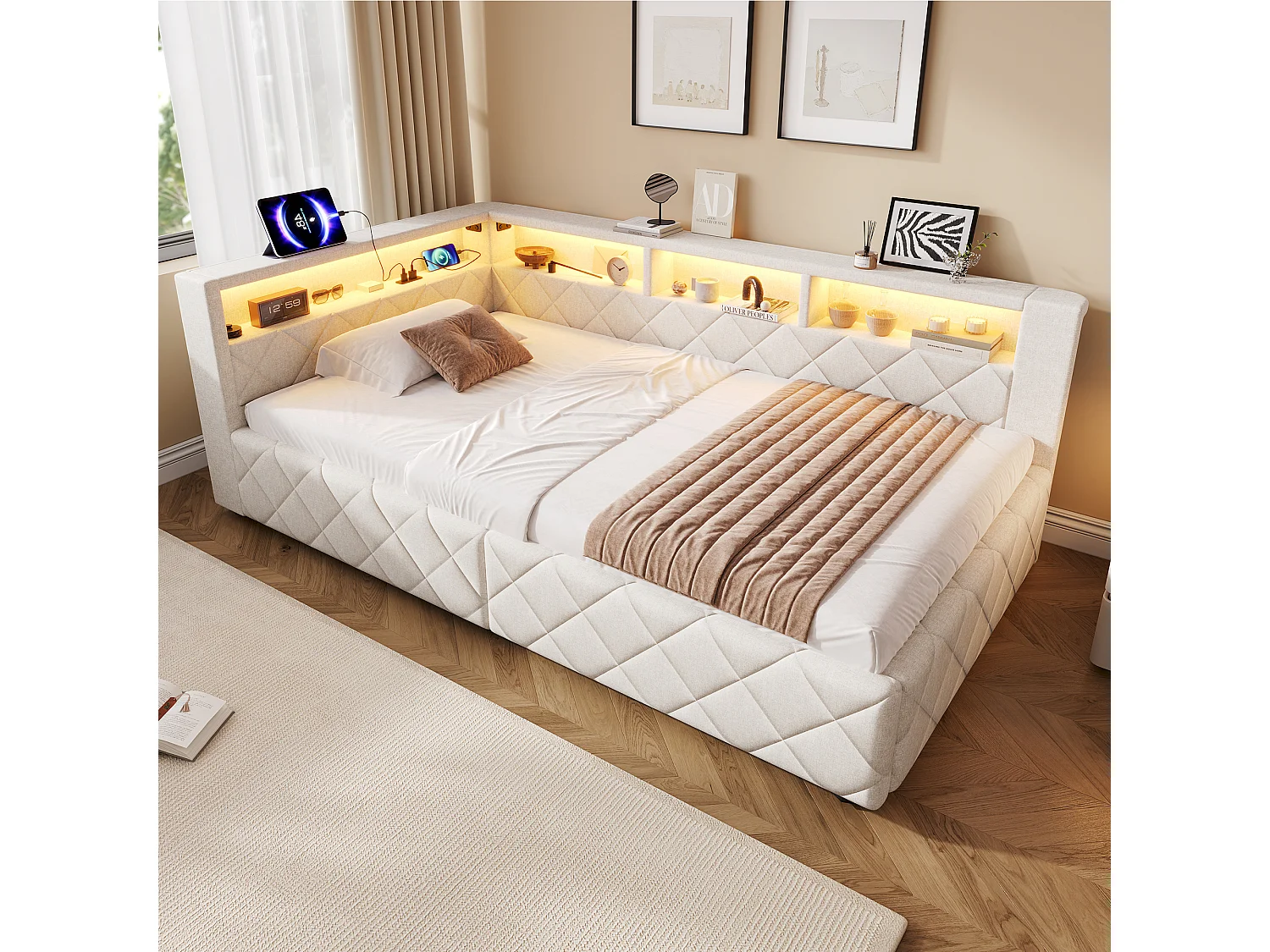 Bedbank met opbergruimte 90 x 200 cm - met LED-verlichting - met USB-poort - linnenstof - Beige (matras niet inbegrepen)