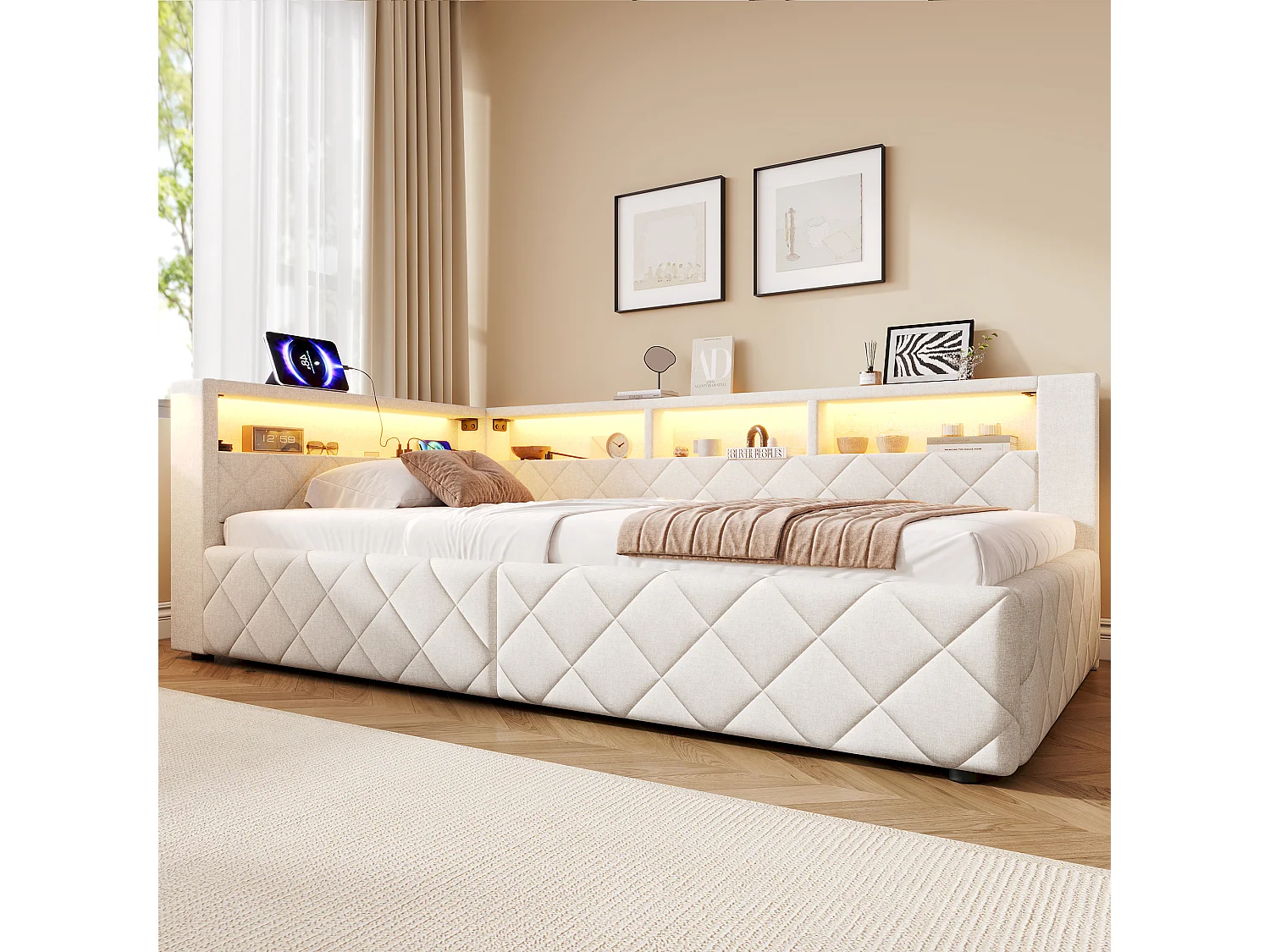 Bedbank met opbergruimte 90 x 200 cm - met LED-verlichting - met USB-poort - linnenstof - Beige (matras niet inbegrepen)