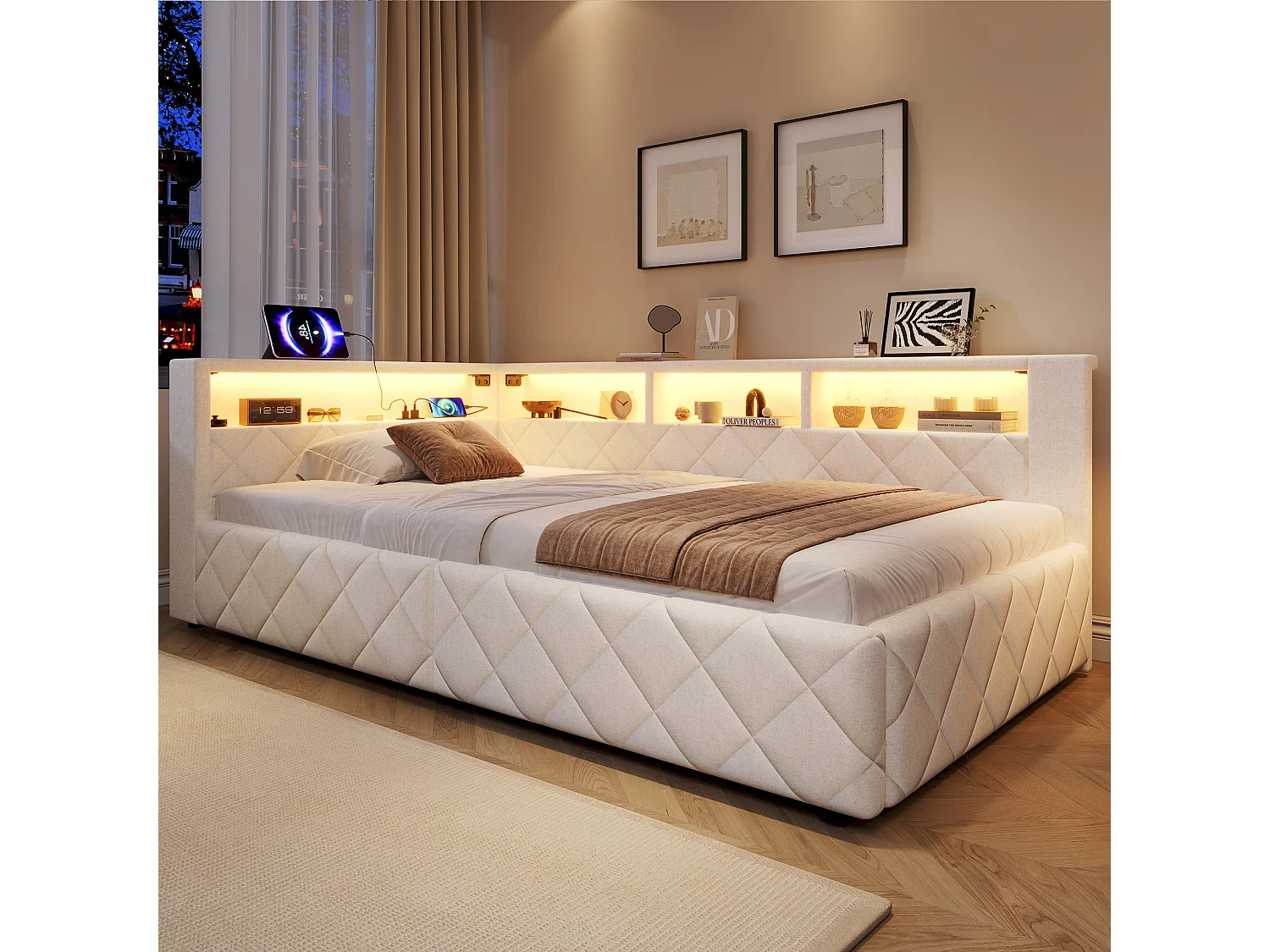 Bedbank met opbergruimte 90 x 200 cm - met LED-verlichting - met USB-poort - linnenstof - Beige (matras niet inbegrepen)