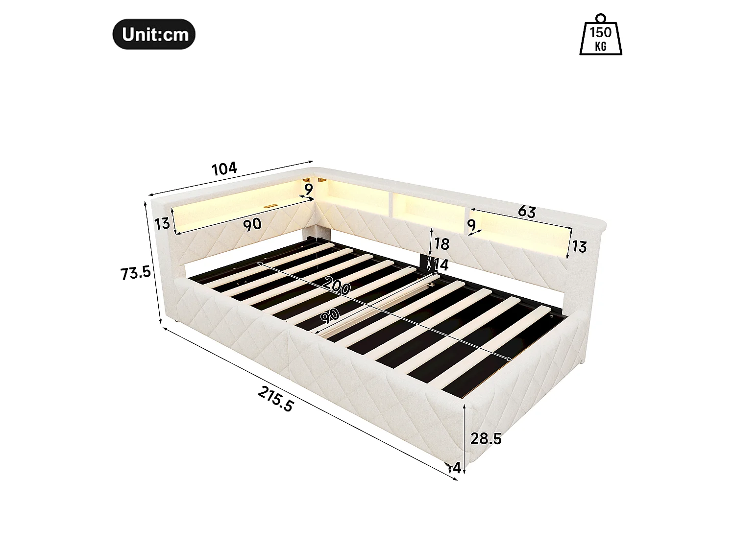 Bedbank met opbergruimte 90 x 200 cm - met LED-verlichting - met USB-poort - linnenstof - Beige (matras niet inbegrepen)