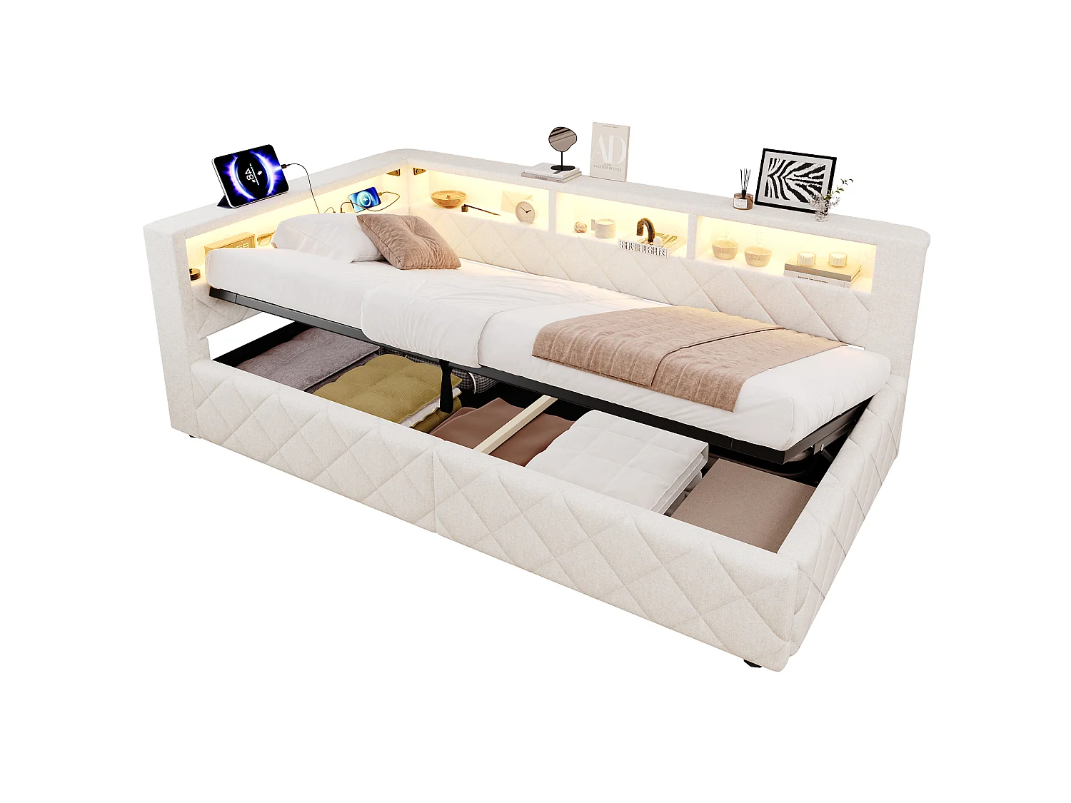 Bedbank met opbergruimte 90 x 200 cm - met LED-verlichting - met USB-poort - linnenstof - Beige (matras niet inbegrepen)