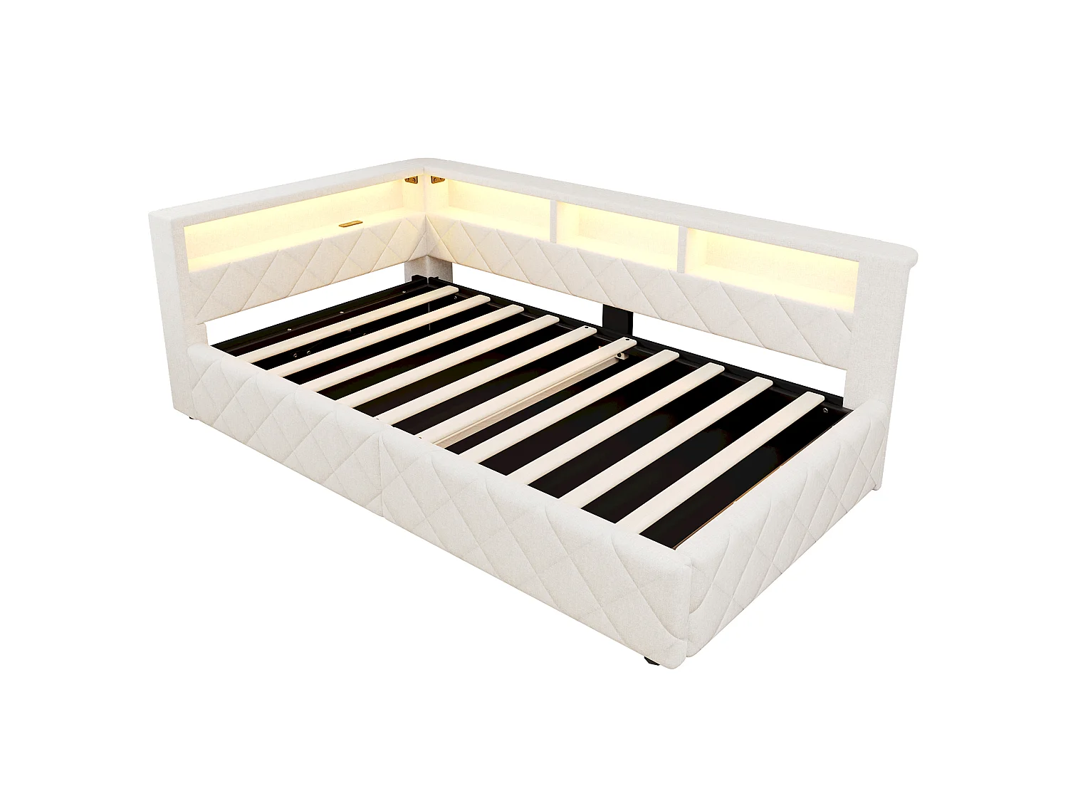 Bedbank met opbergruimte 90 x 200 cm - met LED-verlichting - met USB-poort - linnenstof - Beige (matras niet inbegrepen)