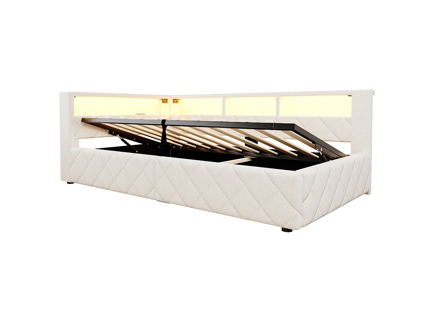 Bedbank met opbergruimte 90 x 200 cm - met LED-verlichting - met USB-poort - linnenstof - Beige (matras niet inbegrepen)
