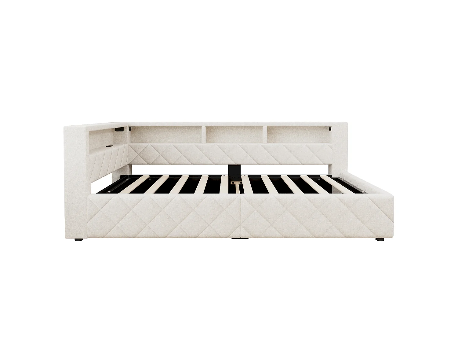 Bedbank met opbergruimte 90 x 200 cm - met LED-verlichting - met USB-poort - linnenstof - Beige (matras niet inbegrepen)