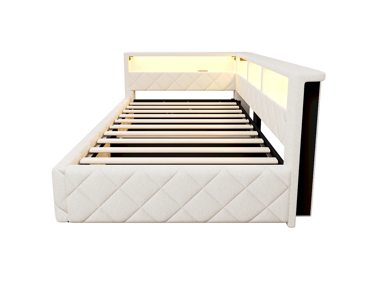 Bedbank met opbergruimte 90 x 200 cm - met LED-verlichting - met USB-poort - linnenstof - Beige (matras niet inbegrepen)