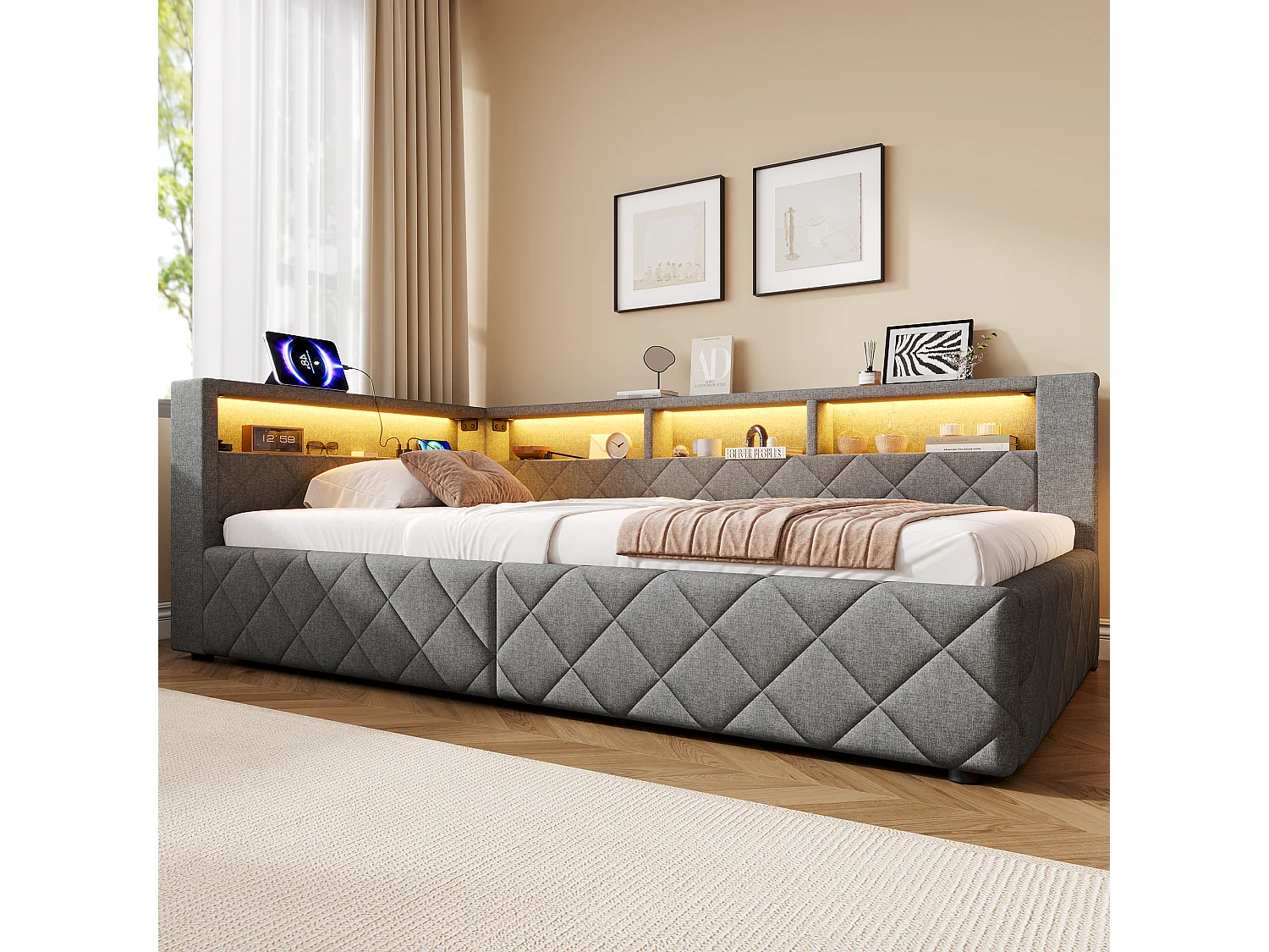 Bedbank met opbergruimte 90 x 200 cm - met LED-verlichting - met USB-poort - linnenstof - Grijs (matras niet inbegrepen)