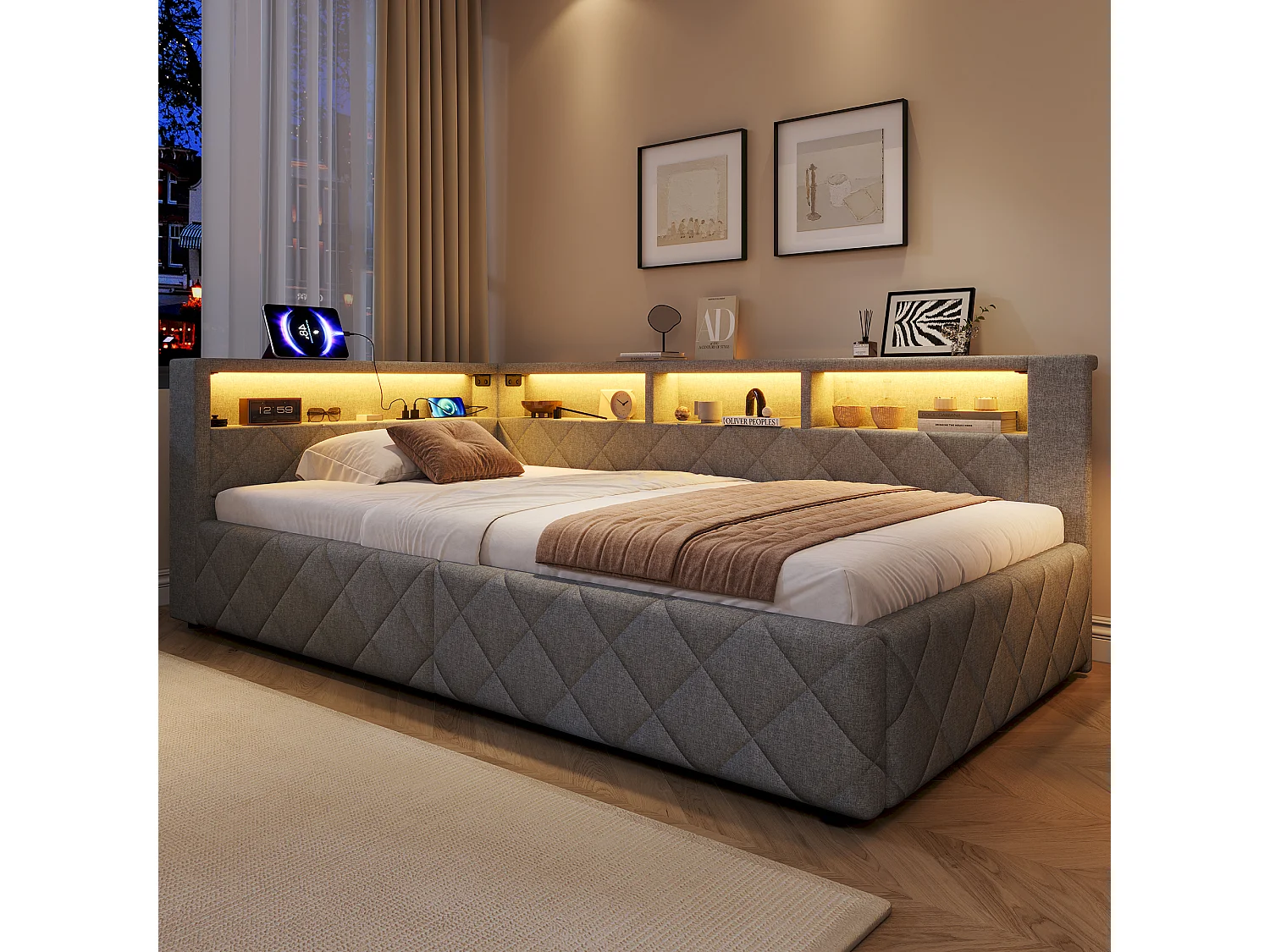 Bedbank met opbergruimte 90 x 200 cm - met LED-verlichting - met USB-poort - linnenstof - Grijs (matras niet inbegrepen)
