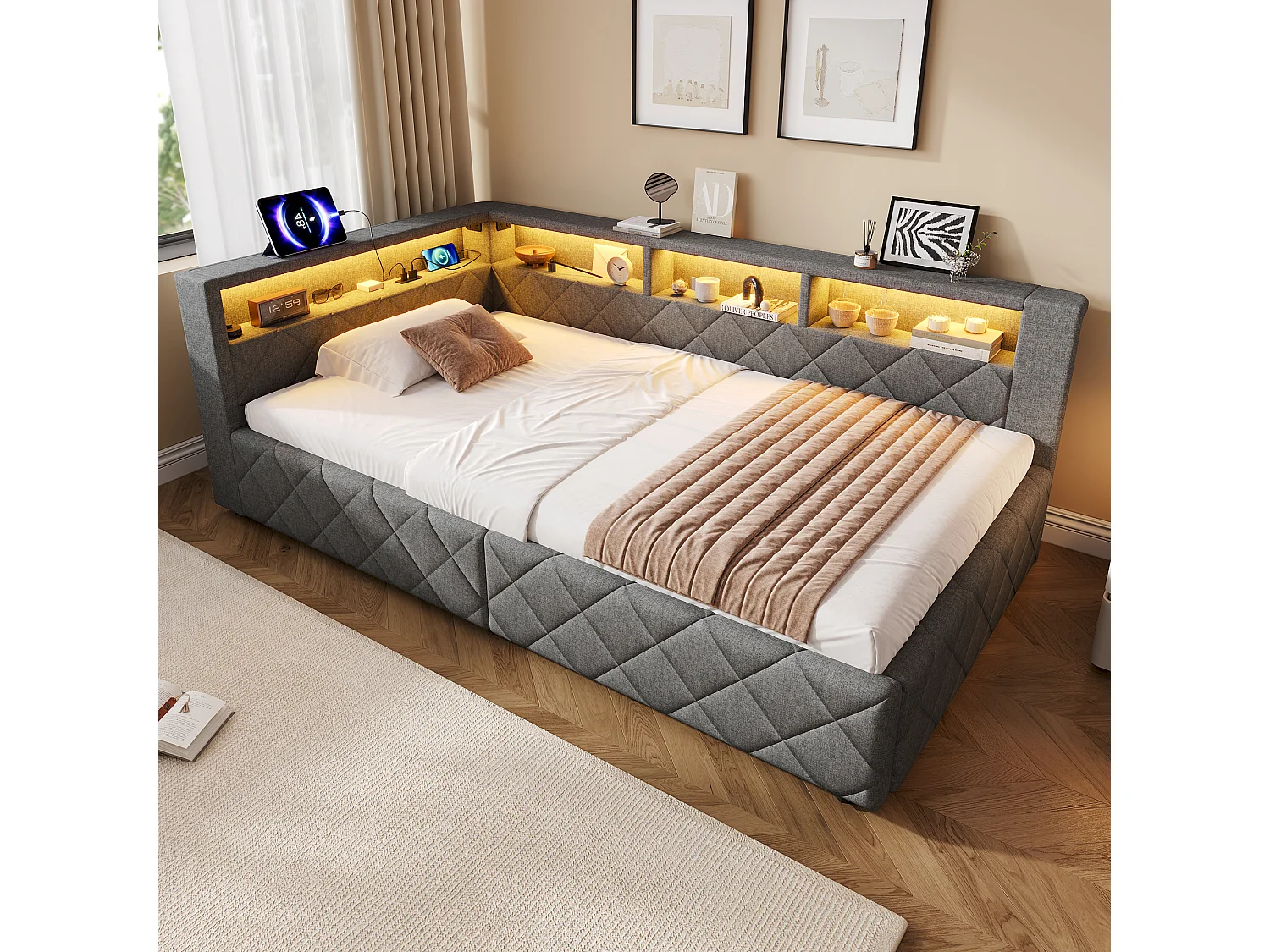 Bedbank met opbergruimte 90 x 200 cm - met LED-verlichting - met USB-poort - linnenstof - Grijs (matras niet inbegrepen)