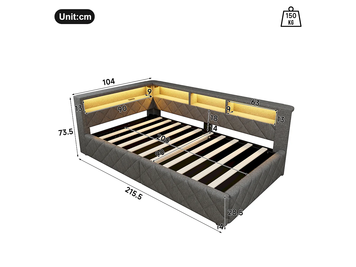 Bedbank met opbergruimte 90 x 200 cm - met LED-verlichting - met USB-poort - linnenstof - Grijs (matras niet inbegrepen)