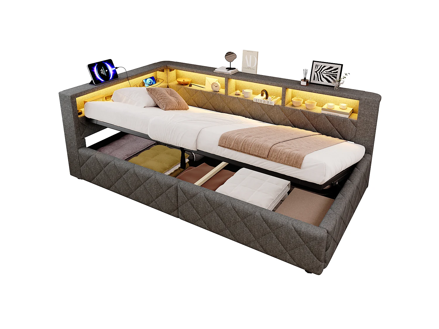 Bedbank met opbergruimte 90 x 200 cm - met LED-verlichting - met USB-poort - linnenstof - Grijs (matras niet inbegrepen)