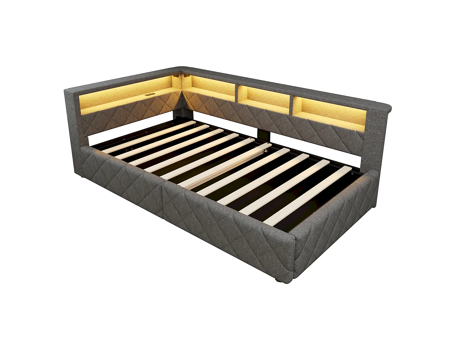 Bedbank met opbergruimte 90 x 200 cm - met LED-verlichting - met USB-poort - linnenstof - Grijs (matras niet inbegrepen)