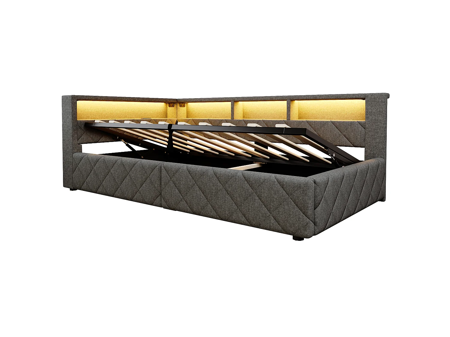 Bedbank met opbergruimte 90 x 200 cm - met LED-verlichting - met USB-poort - linnenstof - Grijs (matras niet inbegrepen)