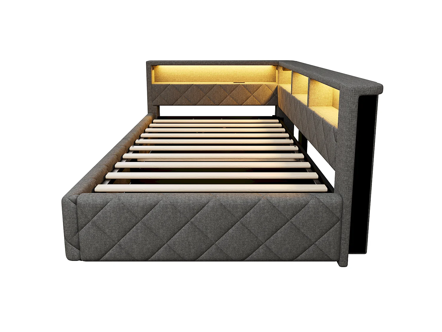 Bedbank met opbergruimte 90 x 200 cm - met LED-verlichting - met USB-poort - linnenstof - Grijs (matras niet inbegrepen)