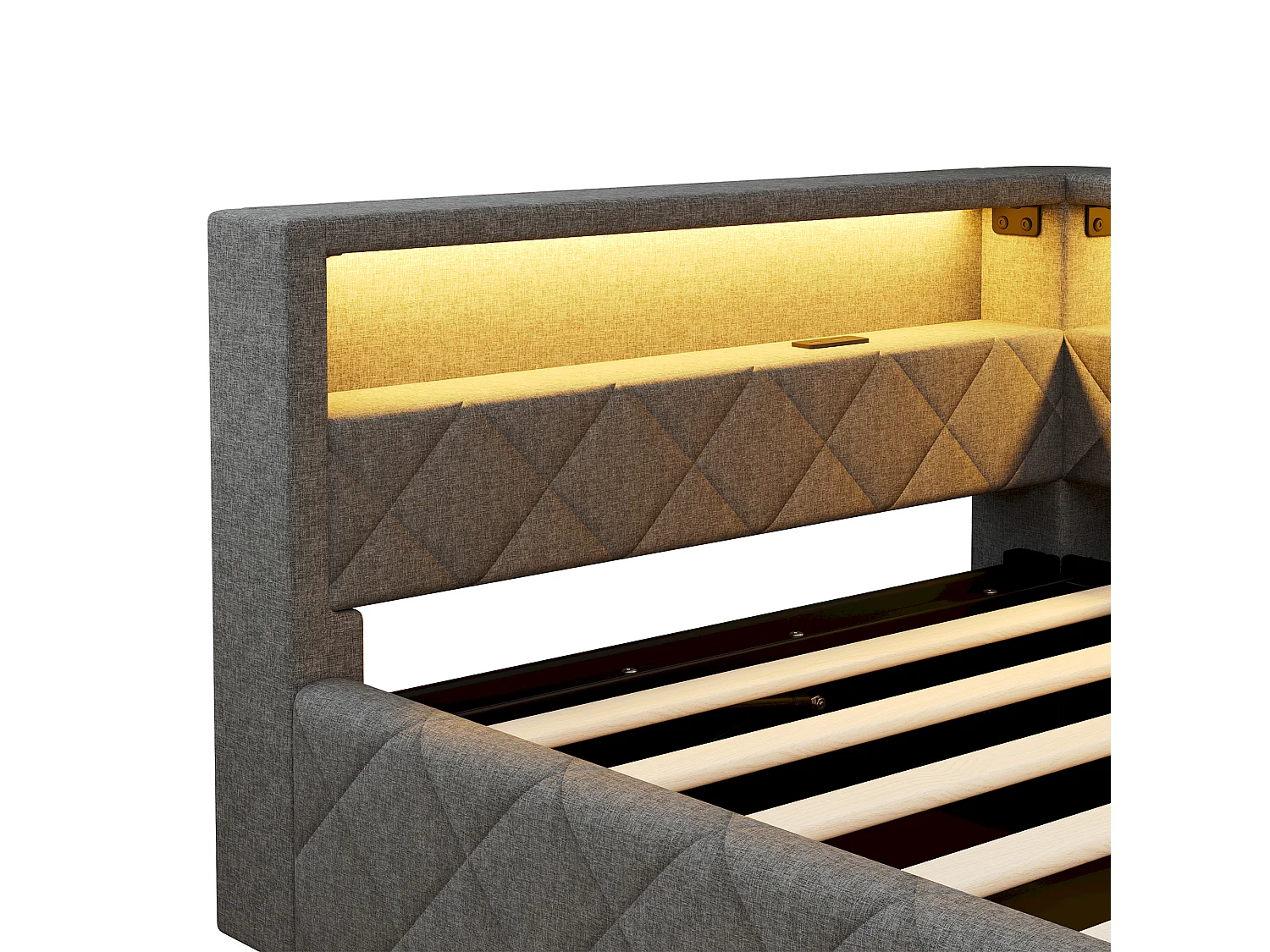 Bedbank met opbergruimte 90 x 200 cm - met LED-verlichting - met USB-poort - linnenstof - Grijs (matras niet inbegrepen)
