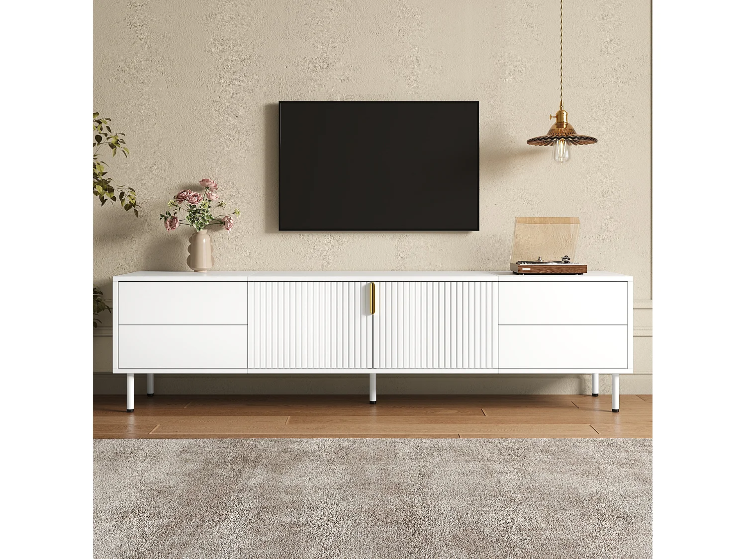 Nowoczesny meble TV 180 x 40 x 49,5 cm - 4 szuflady i 2 drzwi - Uchwyty i nogi metalowe - Zarządzanie kablami - Biały
