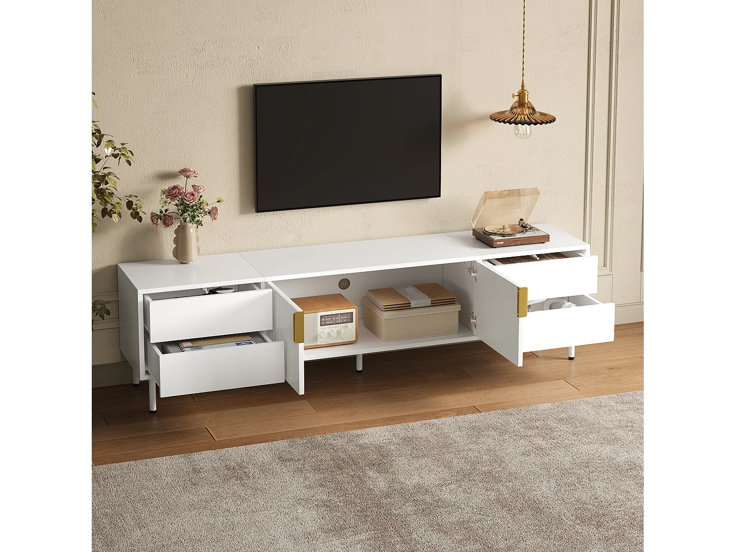 Nowoczesny meble TV 180 x 40 x 49,5 cm - 4 szuflady i 2 drzwi - Uchwyty i nogi metalowe - Zarządzanie kablami - Biały