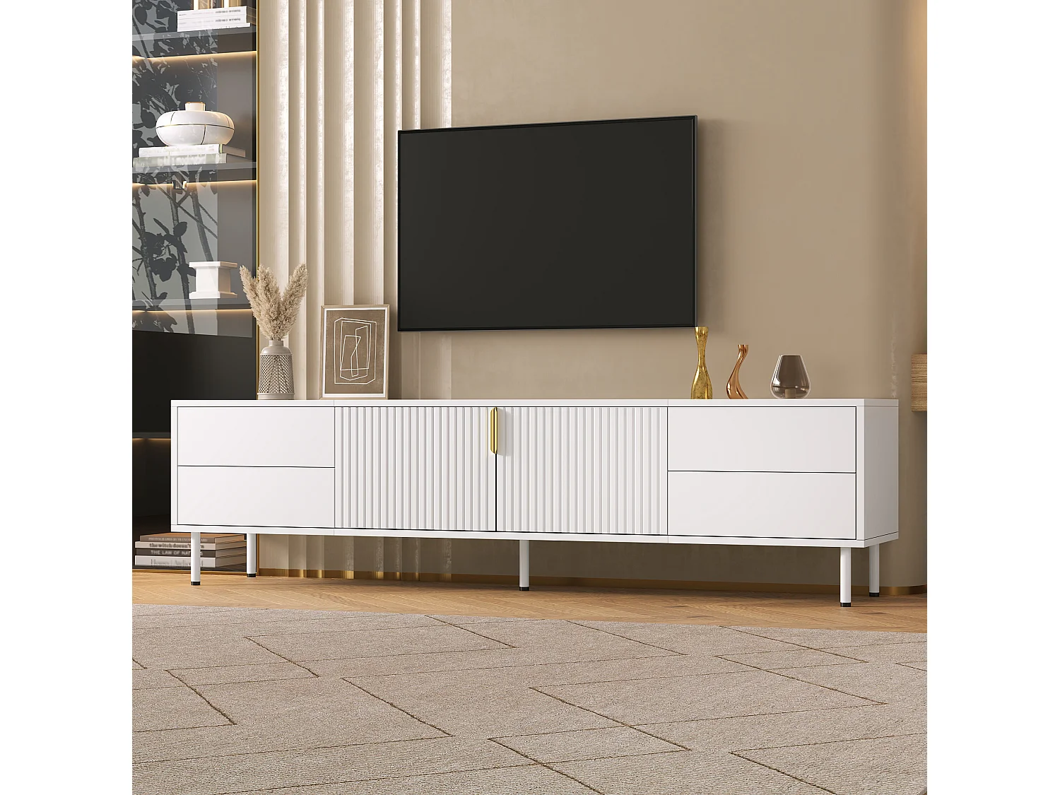 Nowoczesny meble TV 180 x 40 x 49,5 cm - 4 szuflady i 2 drzwi - Uchwyty i nogi metalowe - Zarządzanie kablami - Biały