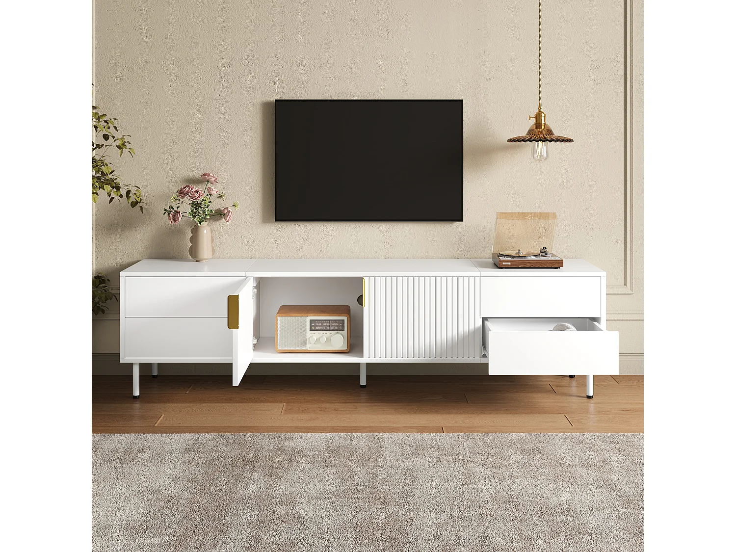 Nowoczesny meble TV 180 x 40 x 49,5 cm - 4 szuflady i 2 drzwi - Uchwyty i nogi metalowe - Zarządzanie kablami - Biały