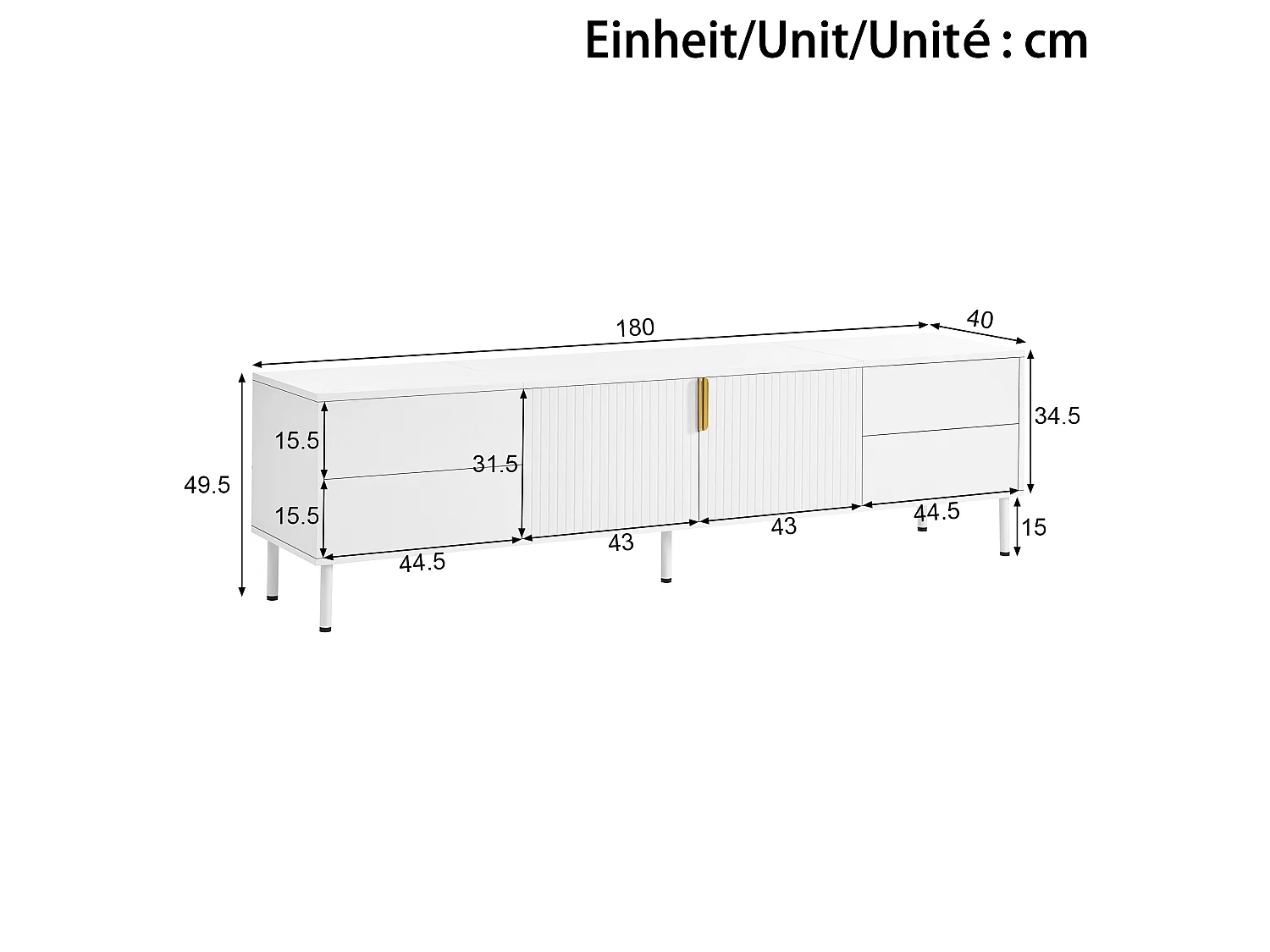Nowoczesny meble TV 180 x 40 x 49,5 cm - 4 szuflady i 2 drzwi - Uchwyty i nogi metalowe - Zarządzanie kablami - Biały