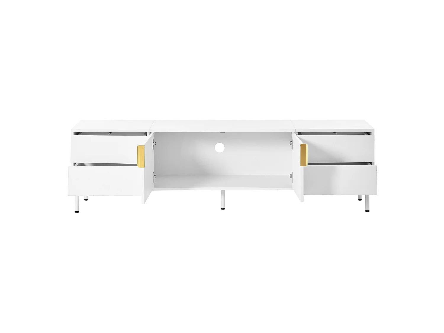 Nowoczesny meble TV 180 x 40 x 49,5 cm - 4 szuflady i 2 drzwi - Uchwyty i nogi metalowe - Zarządzanie kablami - Biały