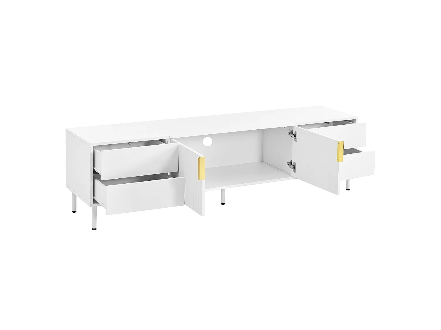 Nowoczesny meble TV 180 x 40 x 49,5 cm - 4 szuflady i 2 drzwi - Uchwyty i nogi metalowe - Zarządzanie kablami - Biały