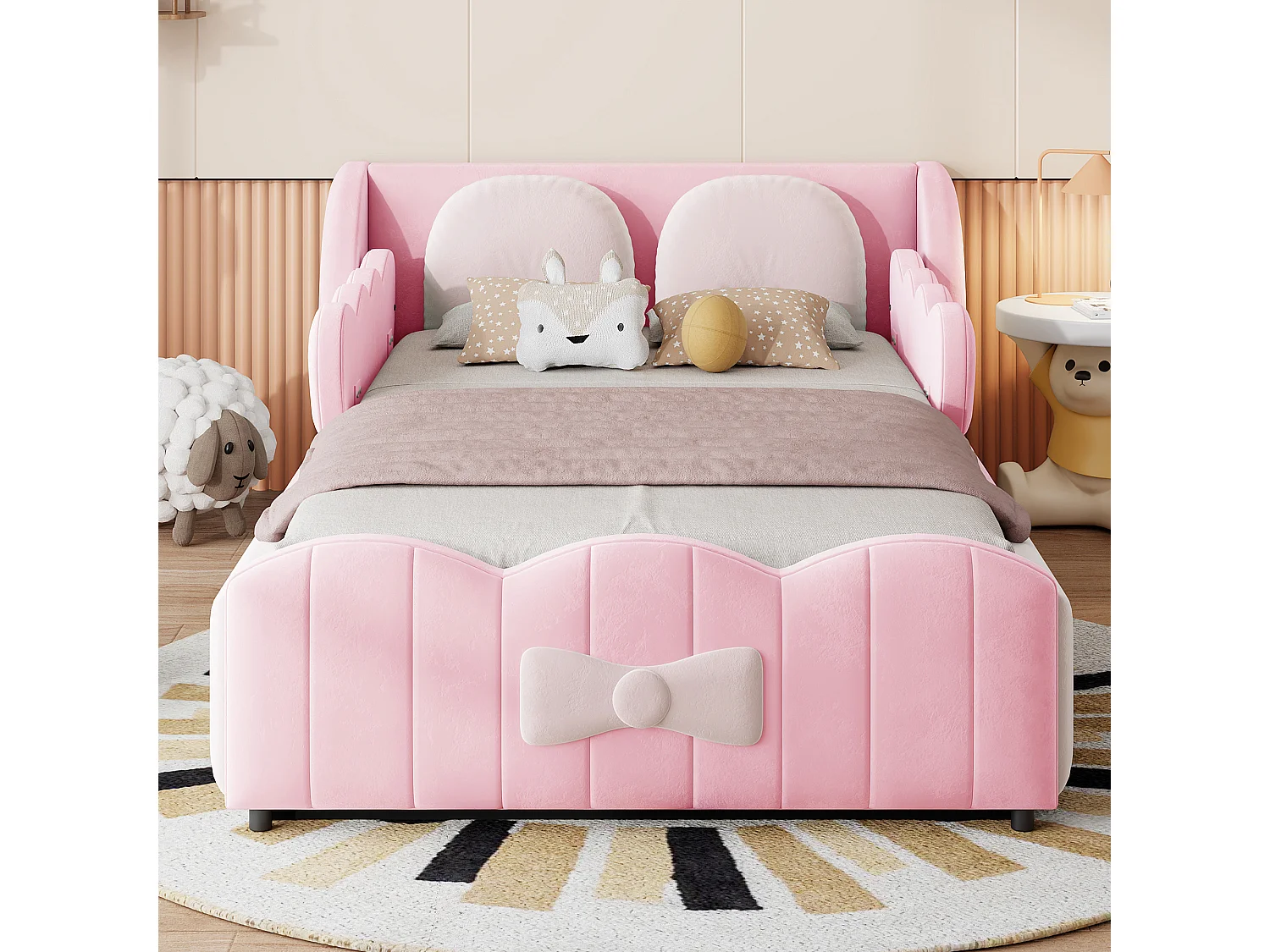 Cama baúl capitonada para niño 90 x 200 - Terciopelo - con 2 cojines decorativos grandes - rosa (colchón no incluido)