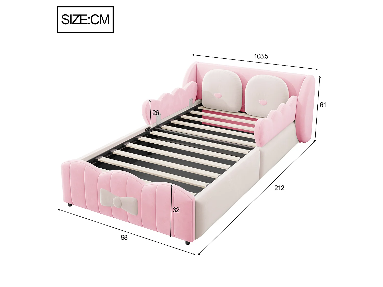 Cama baúl capitonada para niño 90 x 200 - Terciopelo - con 2 cojines decorativos grandes - rosa (colchón no incluido)