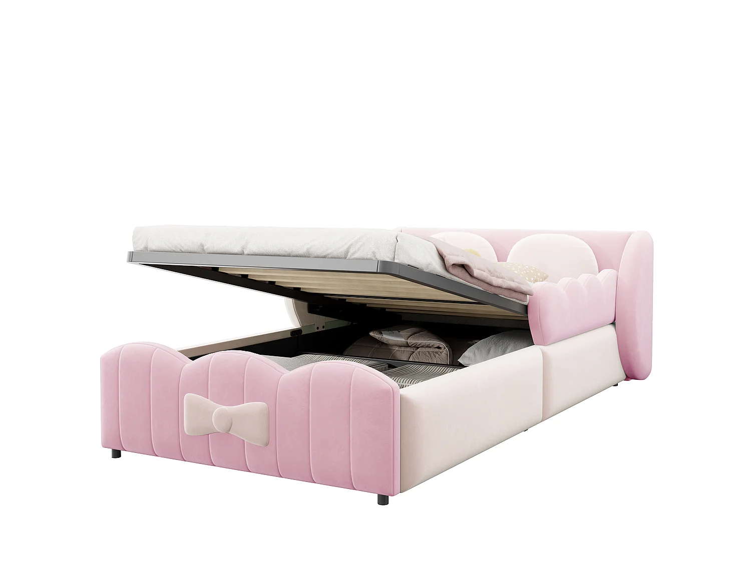 Cama baúl capitonada para niño 90 x 200 - Terciopelo - con 2 cojines decorativos grandes - rosa (colchón no incluido)