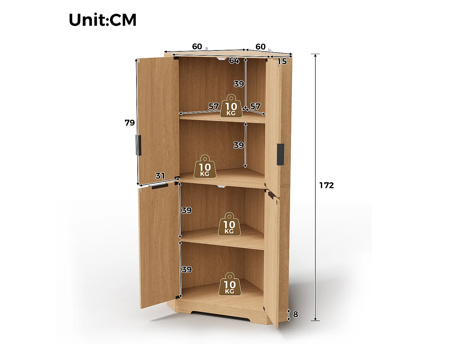 Eck-Schrank hoch Aufbewahrung 60x60x172cm - Eck-Buffet mit 4 geriffelten Türen & verstellbaren Regalböden, Moderner Stil - Braun