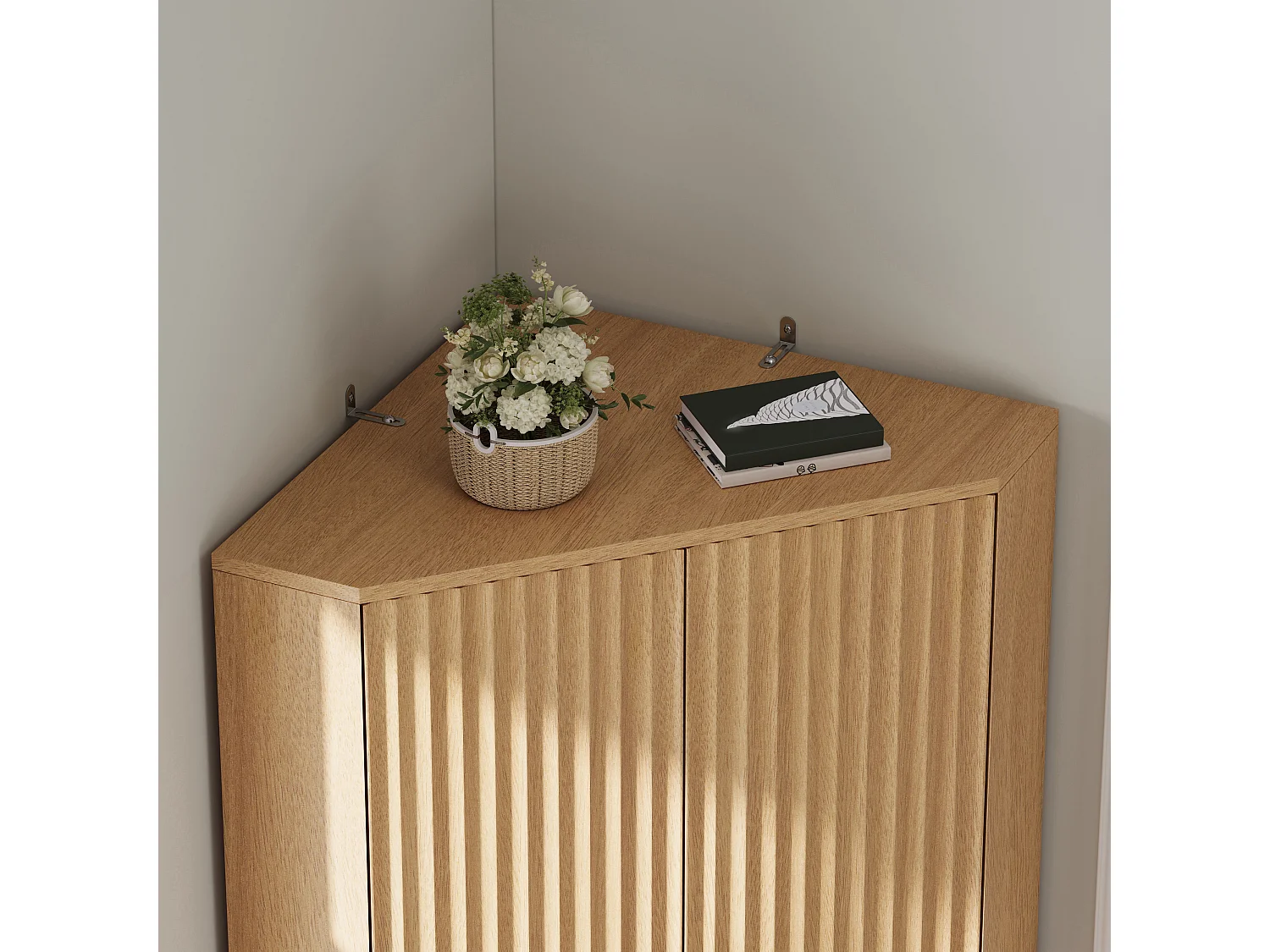 Eck-Schrank hoch Aufbewahrung 60x60x172cm - Eck-Buffet mit 4 geriffelten Türen & verstellbaren Regalböden, Moderner Stil - Braun