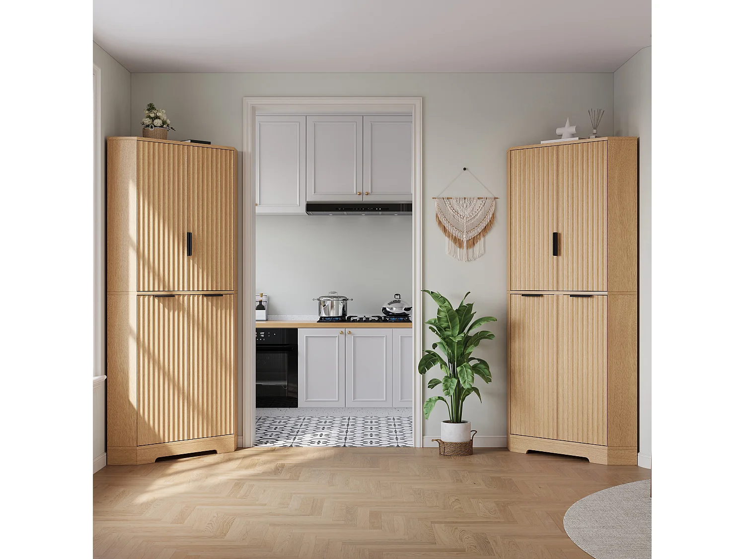 Eck-Schrank hoch Aufbewahrung 60x60x172cm - Eck-Buffet mit 4 geriffelten Türen & verstellbaren Regalböden, Moderner Stil - Braun