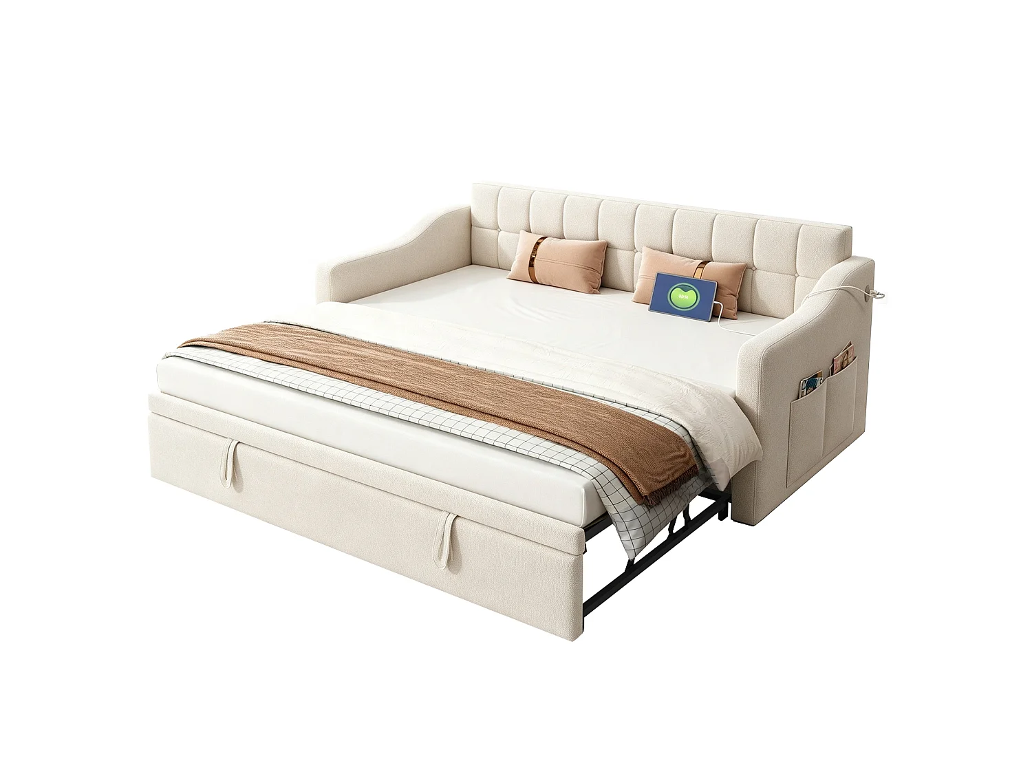 Schlafsofa 180x190 cm - Samtstoff - Mit Steckdose - Mit Aufbewahrungstaschen - Beige (Matratze nicht enthalten)