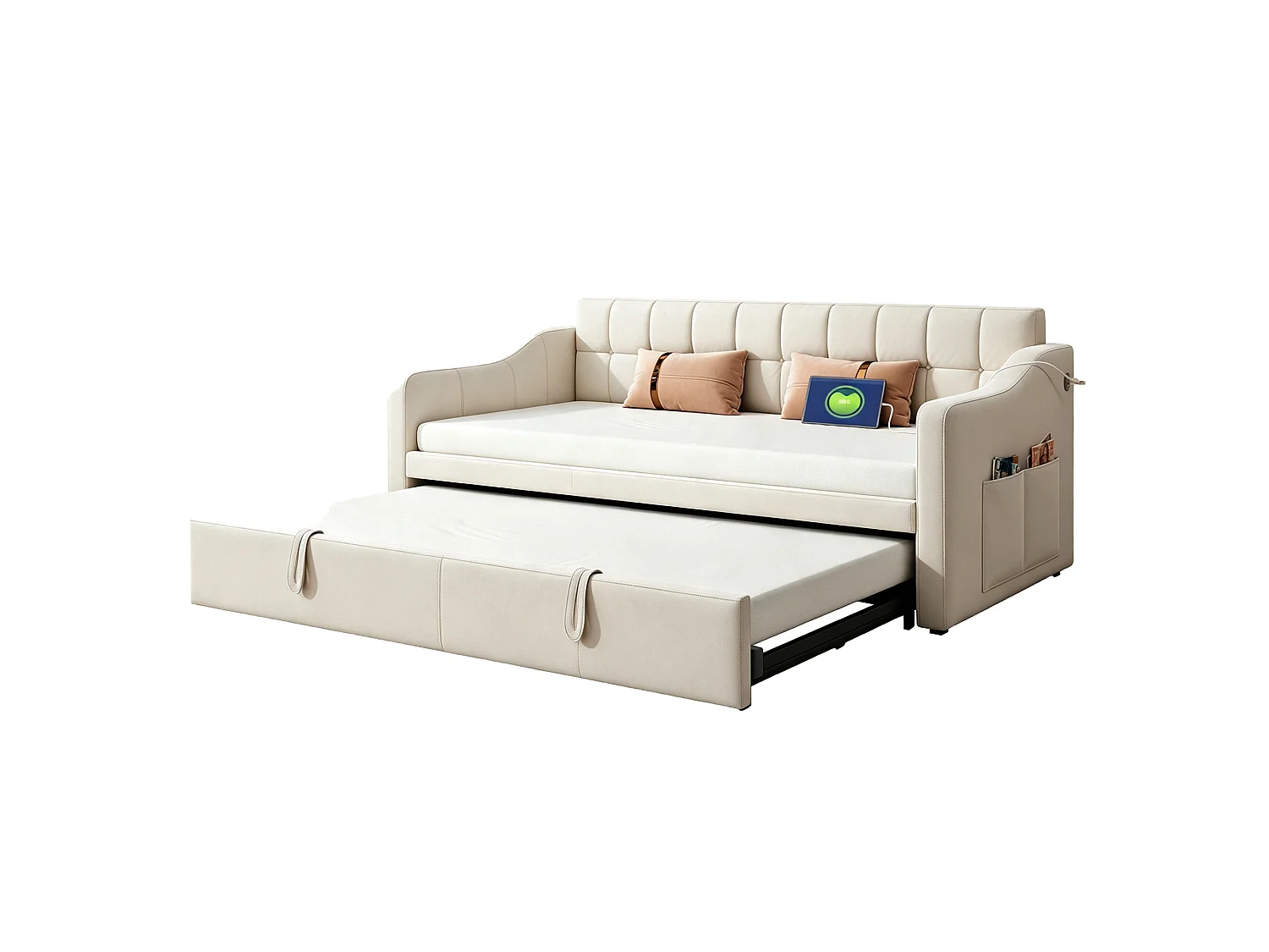 Schlafsofa 180x190 cm - Samtstoff - Mit Steckdose - Mit Aufbewahrungstaschen - Beige (Matratze nicht enthalten)