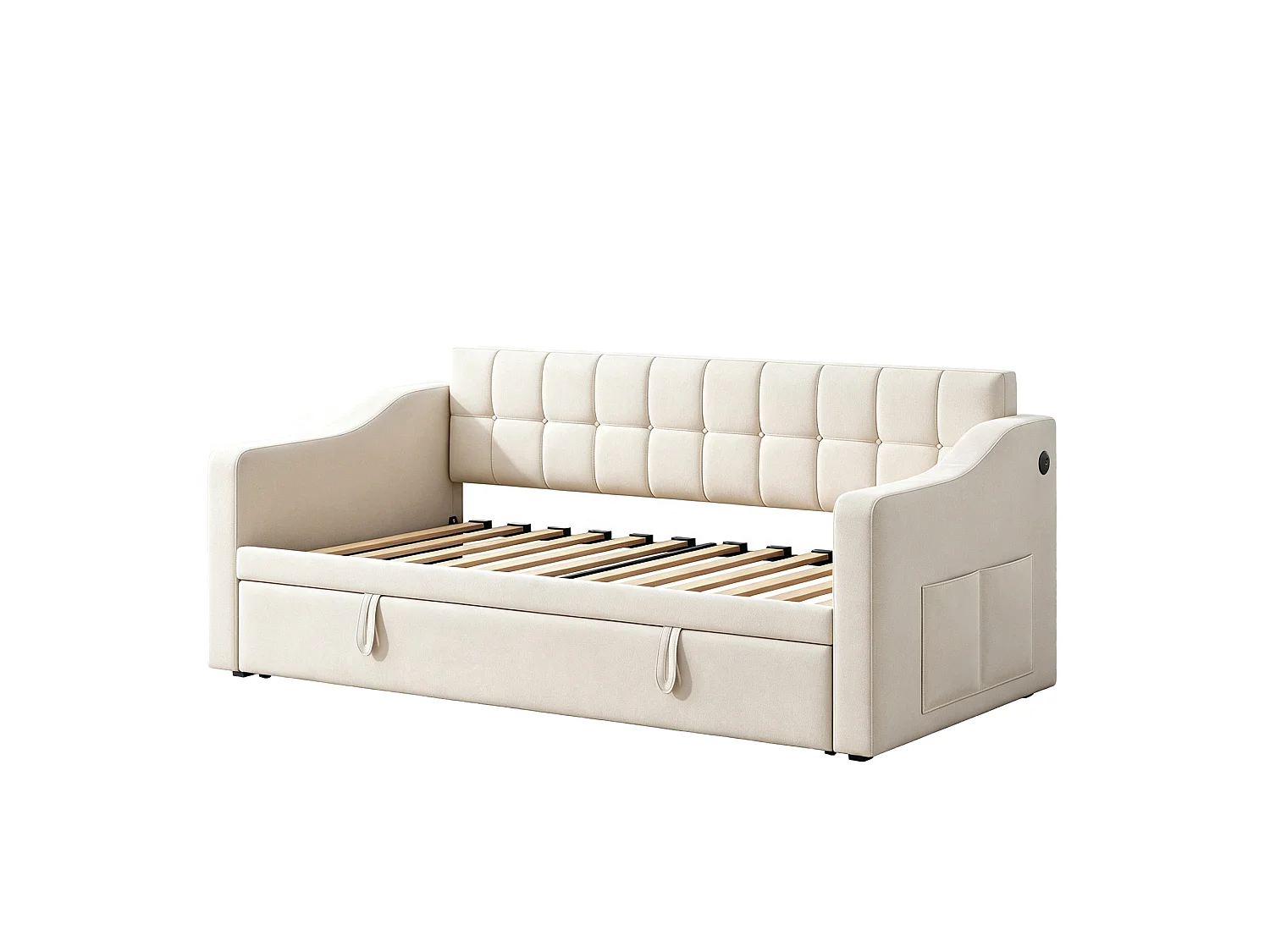 Schlafsofa 180x190 cm - Samtstoff - Mit Steckdose - Mit Aufbewahrungstaschen - Beige (Matratze nicht enthalten)