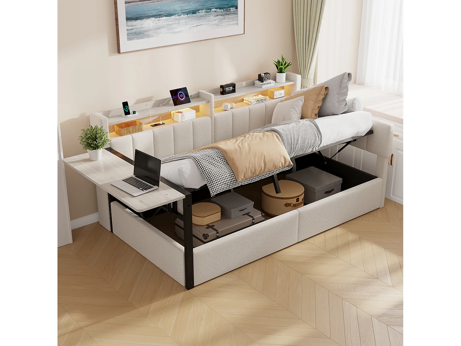 Slaapbank met opbergruimte 90 x 200 cm - met LED-lichtstrip - met inklapbare tafel - USB-poort - fluweelstof - wit (matras niet inbegrepen)