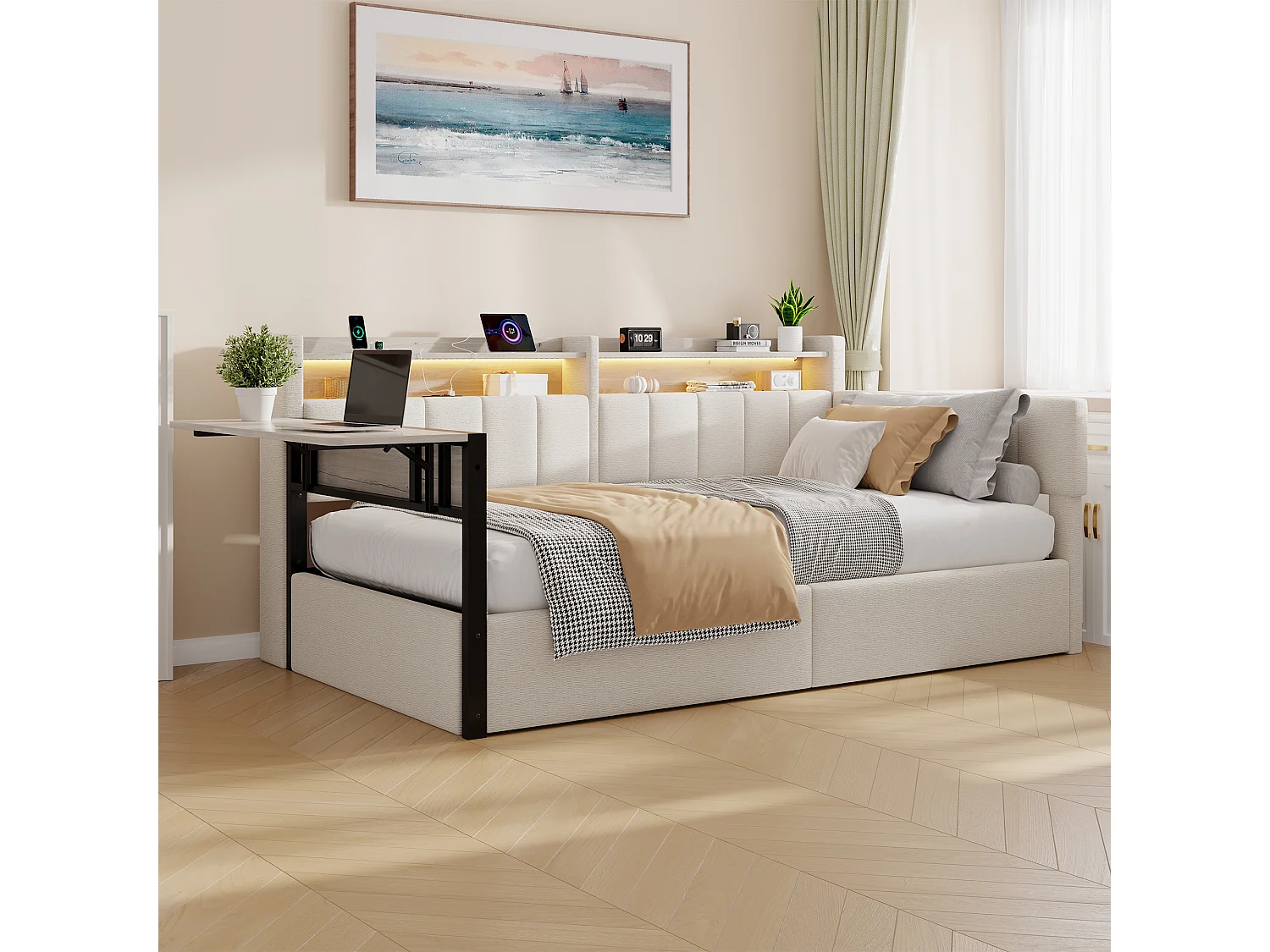 Slaapbank met opbergruimte 90 x 200 cm - met LED-lichtstrip - met inklapbare tafel - USB-poort - fluweelstof - wit (matras niet inbegrepen)